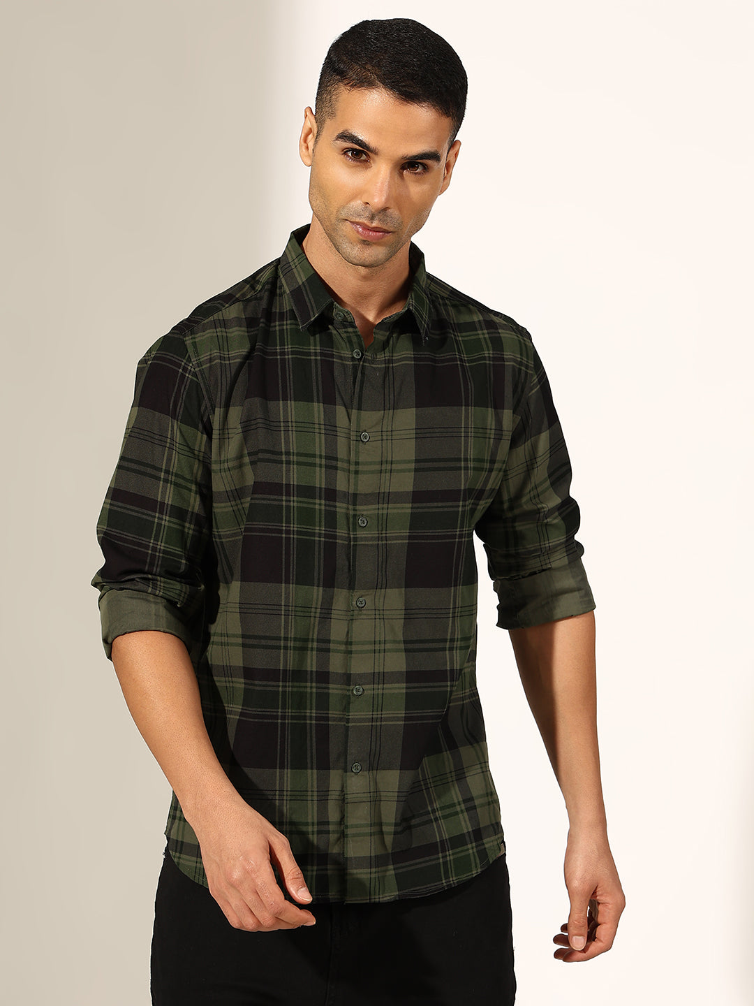 Men's Checked Olive Regular Fit Casual Shirt