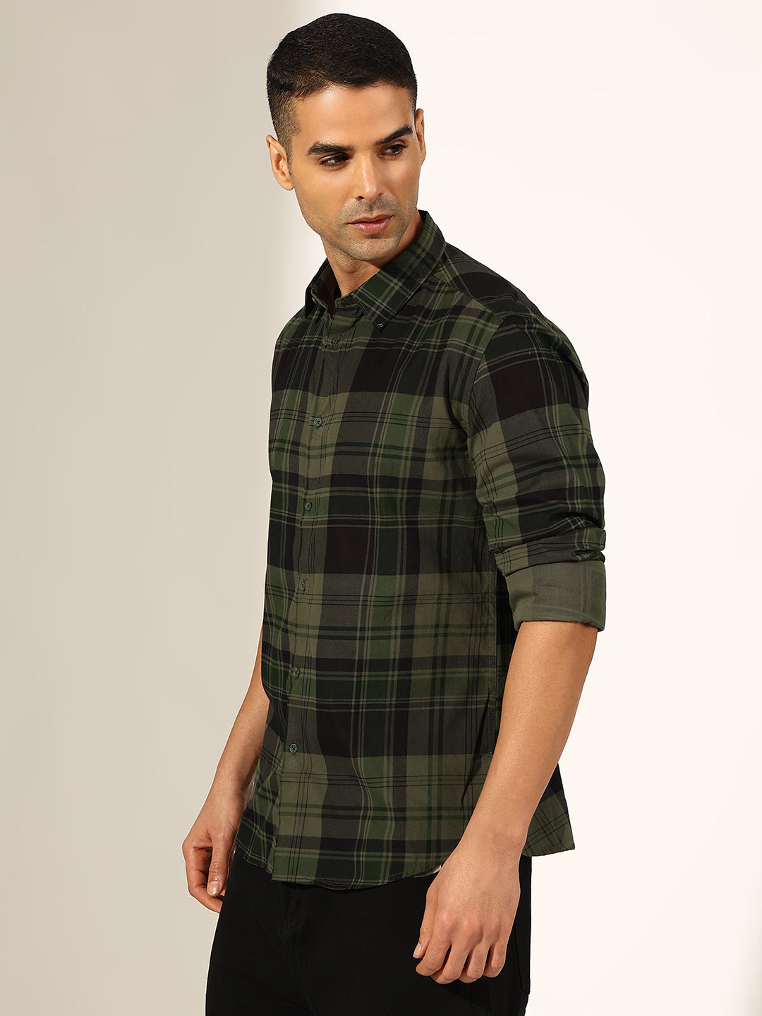 Men's Checked Olive Regular Fit Casual Shirt
