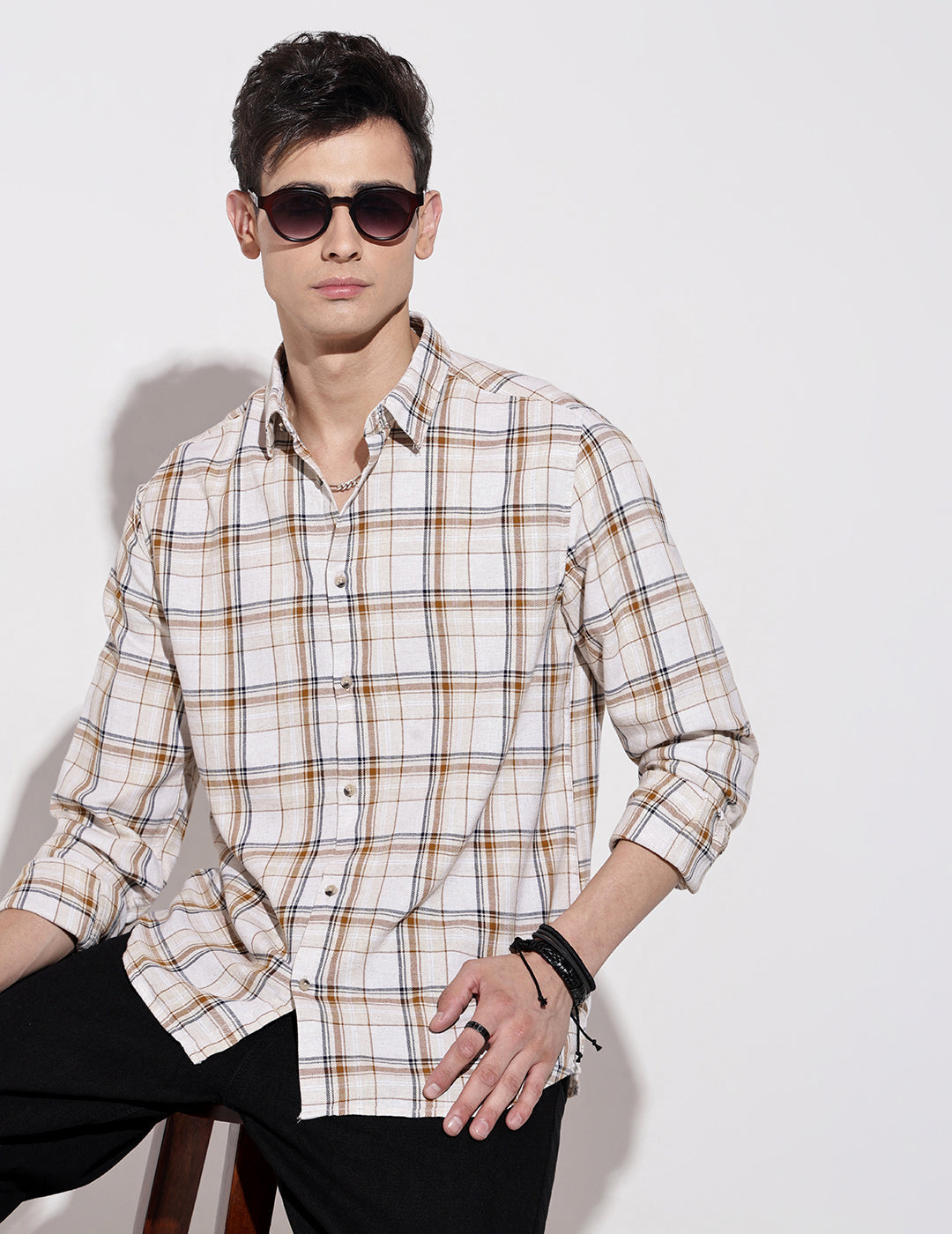 Men's Checked Cream Long Sleeve Regular Fit Shirt