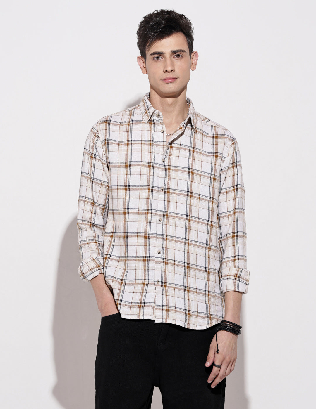 Men's Checked Cream Long Sleeve Regular Fit Shirt