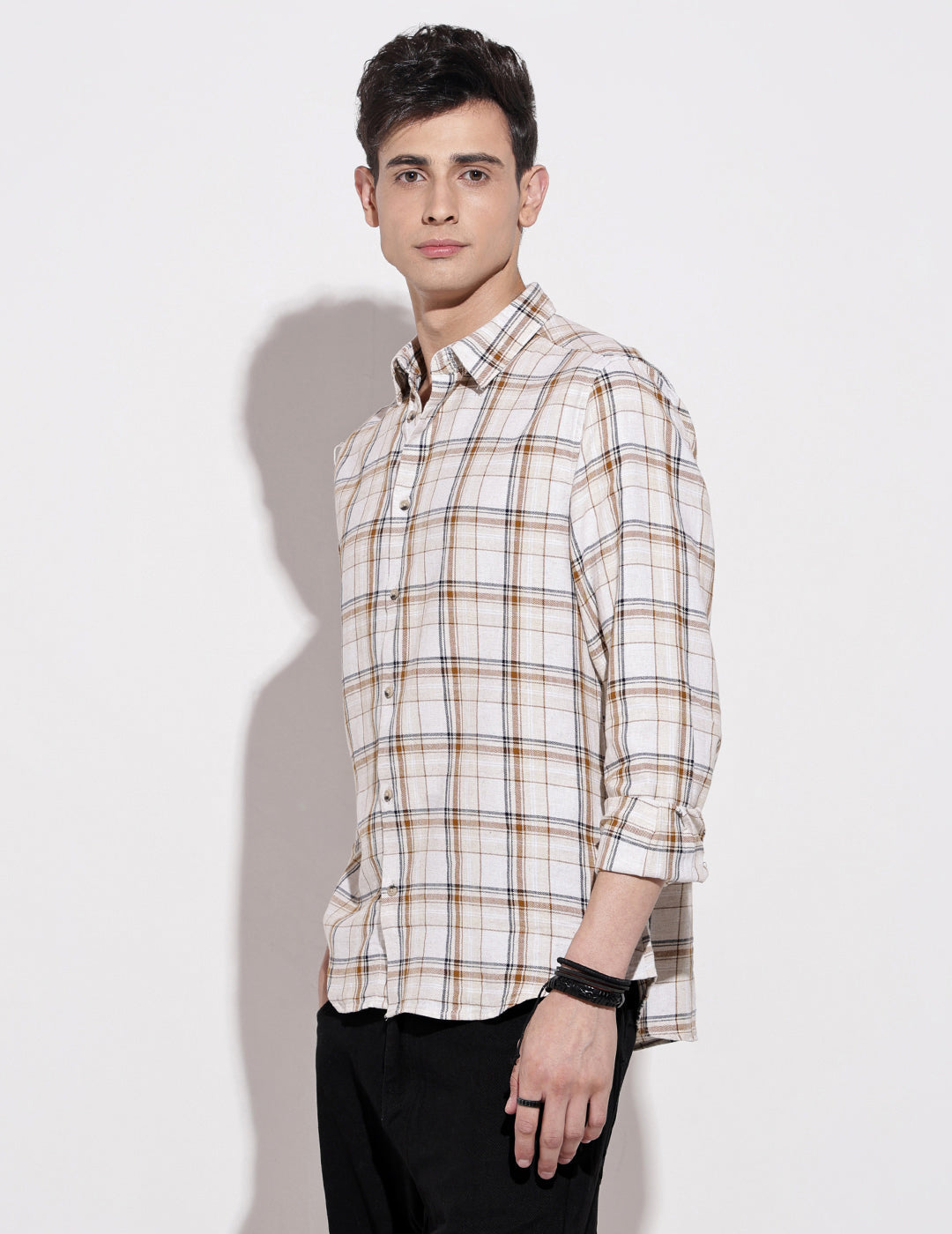Men's Checked Cream Long Sleeve Regular Fit Shirt