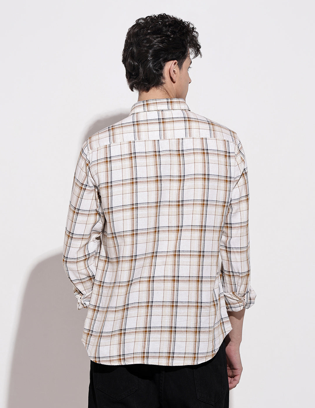 Men's Checked Cream Long Sleeve Regular Fit Shirt