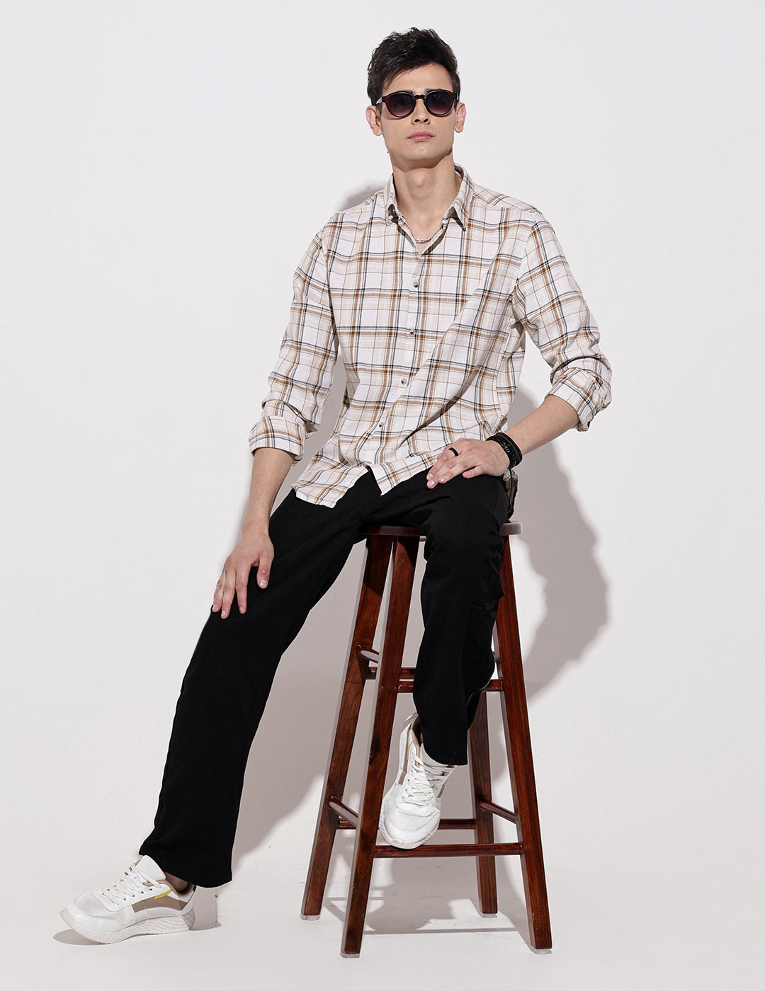 Men's Checked Cream Long Sleeve Regular Fit Shirt