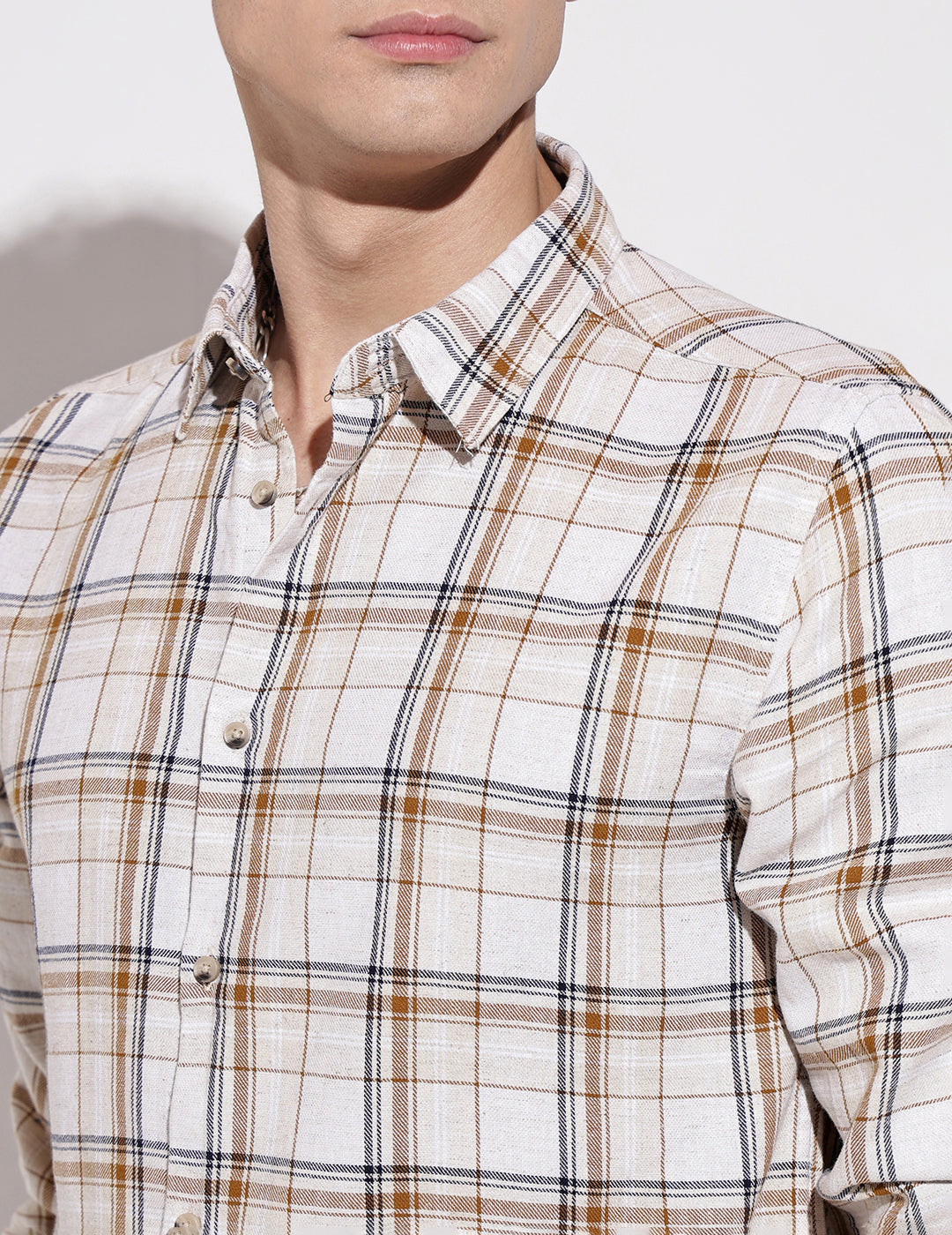 Men's Checked Cream Long Sleeve Regular Fit Shirt