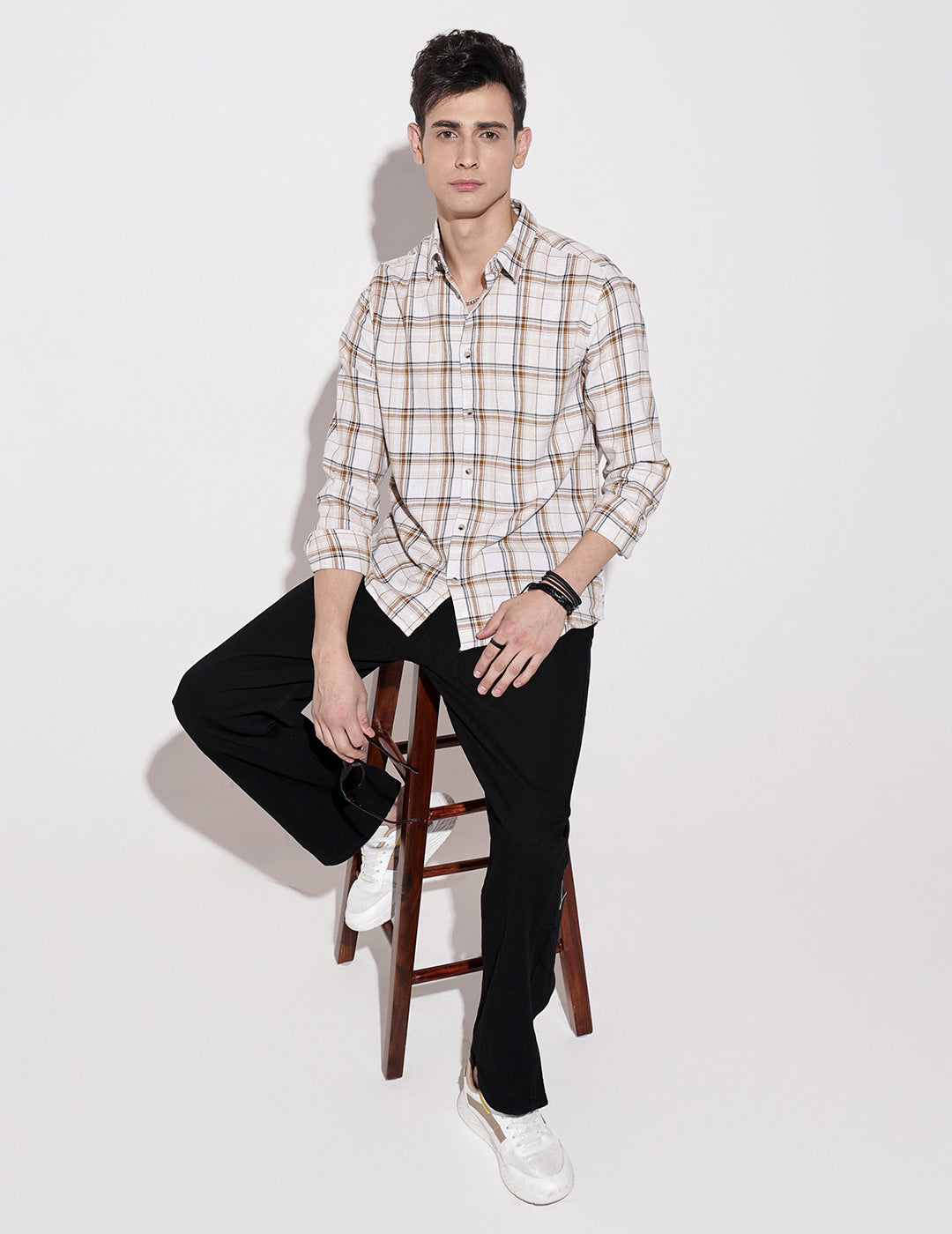 Men's Checked Cream Long Sleeve Regular Fit Shirt