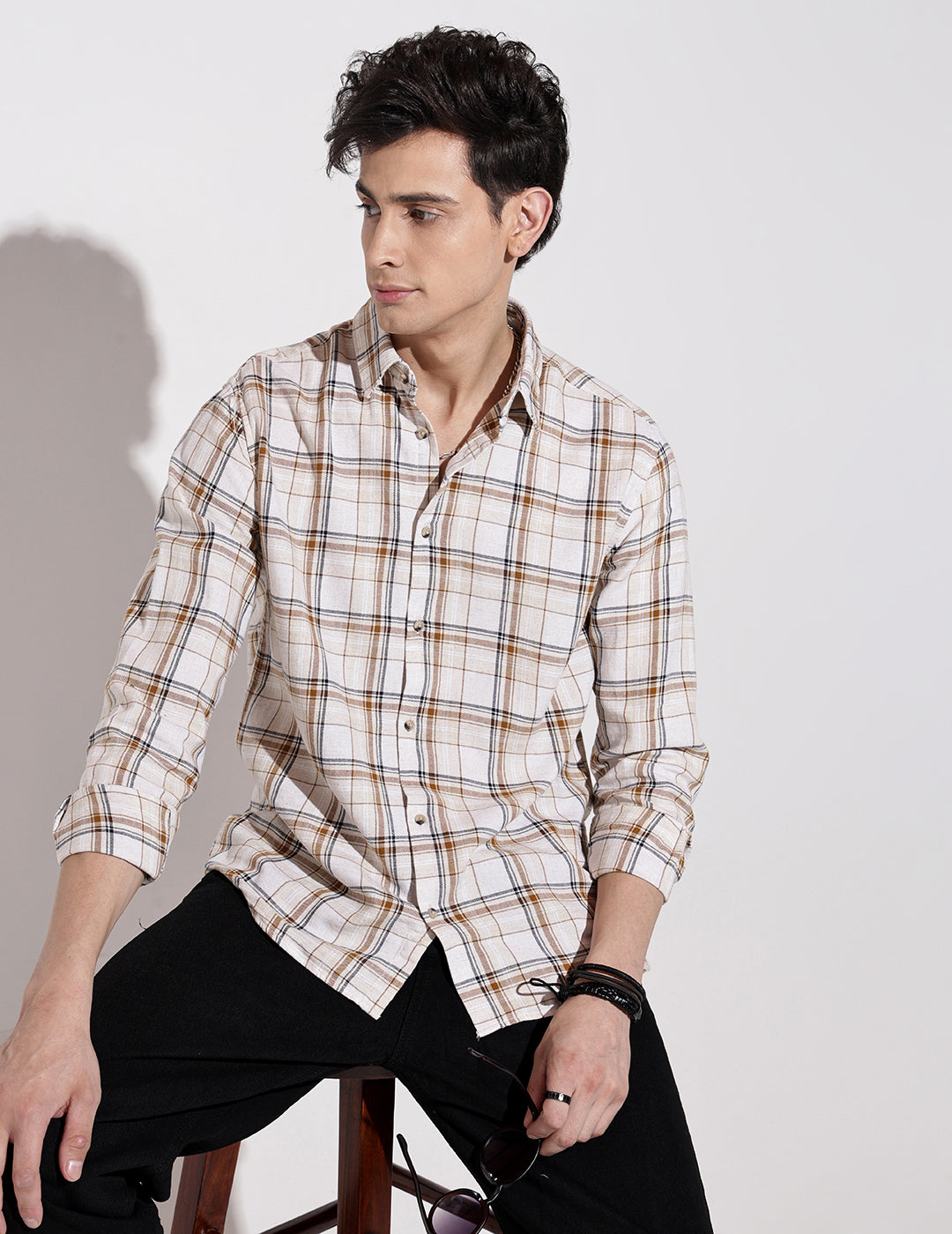 Men's Checked Cream Long Sleeve Regular Fit Shirt