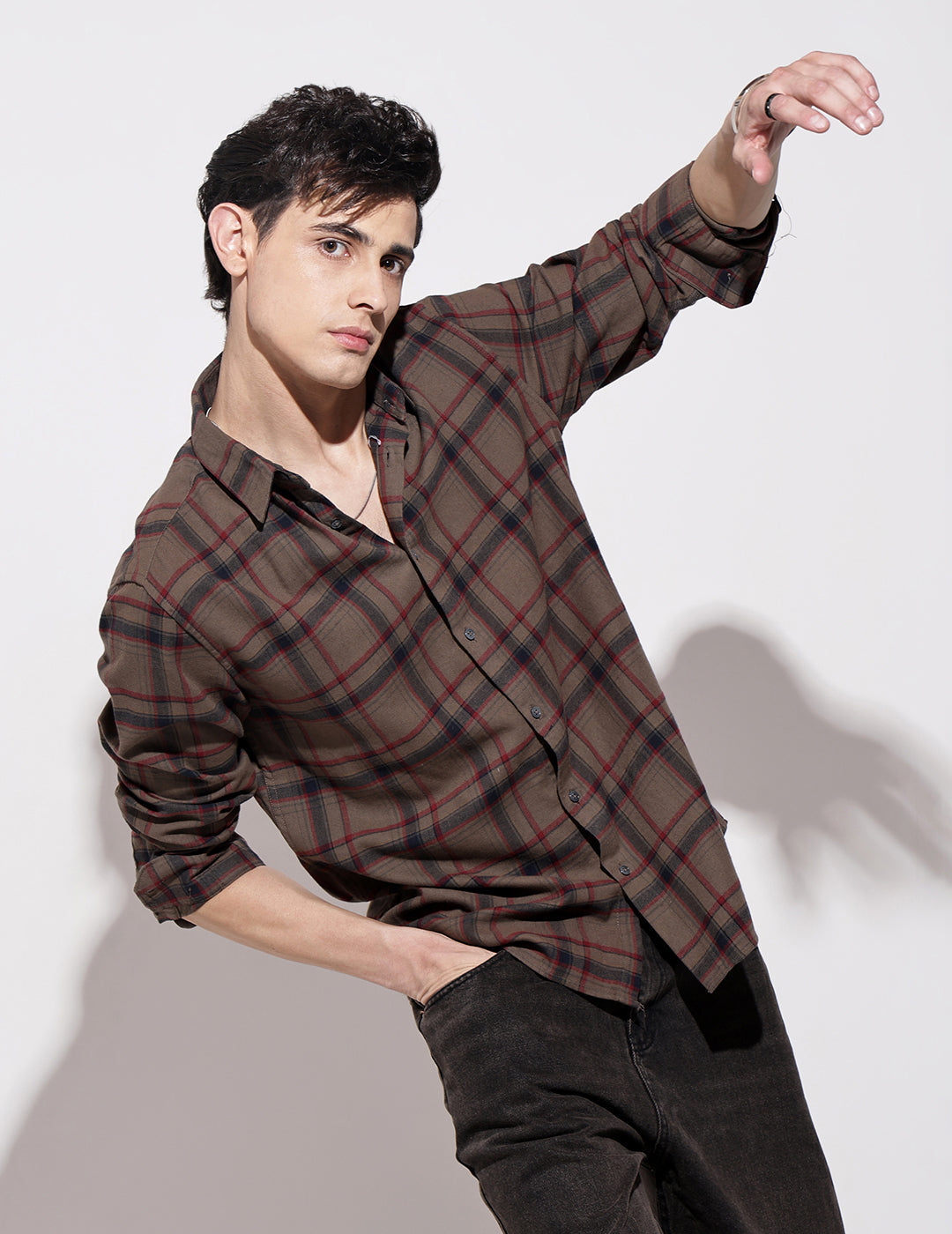 Men's Checked Brown Long Sleeve Regular Fit Shirt