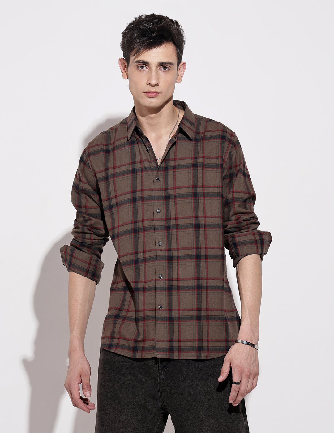 Men's Checked Brown Long Sleeve Regular Fit Shirt