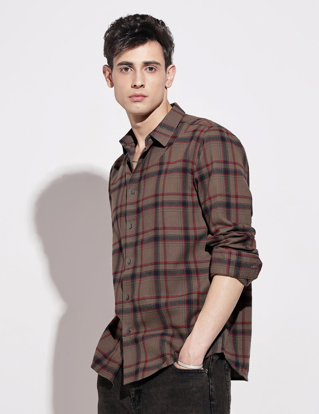 Men's Checked Brown Long Sleeve Regular Fit Shirt