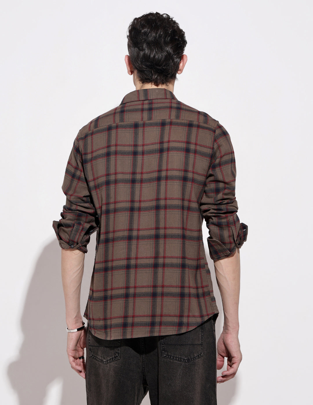Men's Checked Brown Long Sleeve Regular Fit Shirt