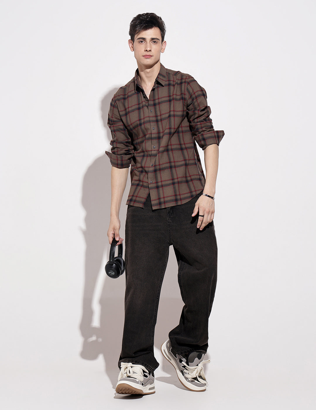 Men's Checked Brown Long Sleeve Regular Fit Shirt