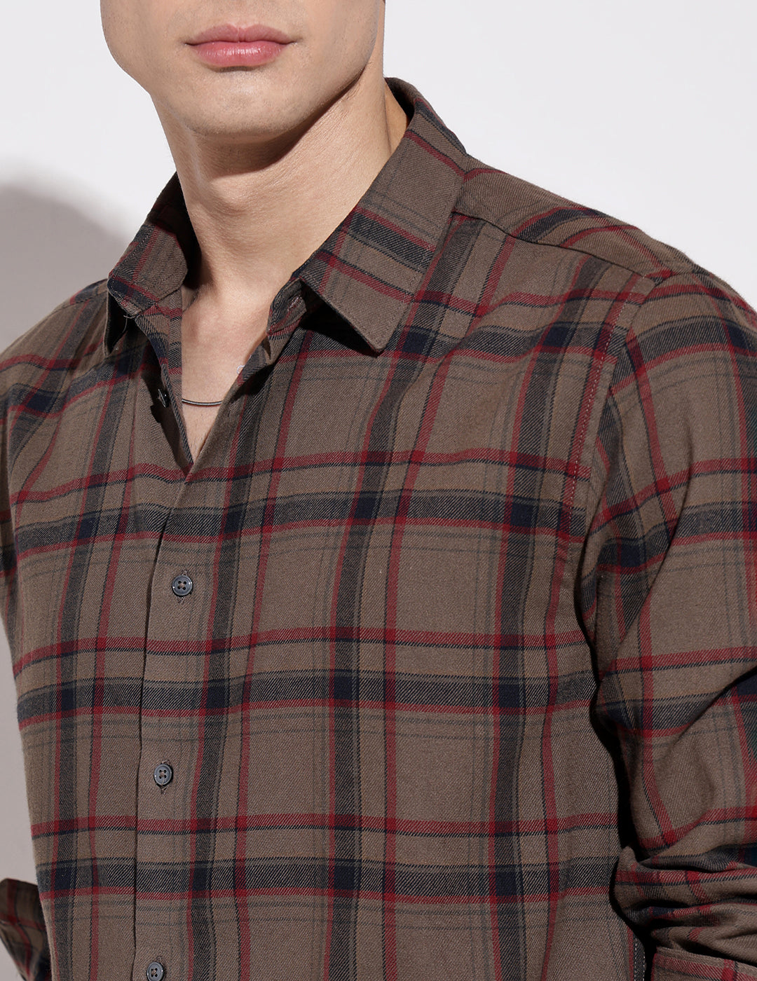 Men's Checked Brown Long Sleeve Regular Fit Shirt