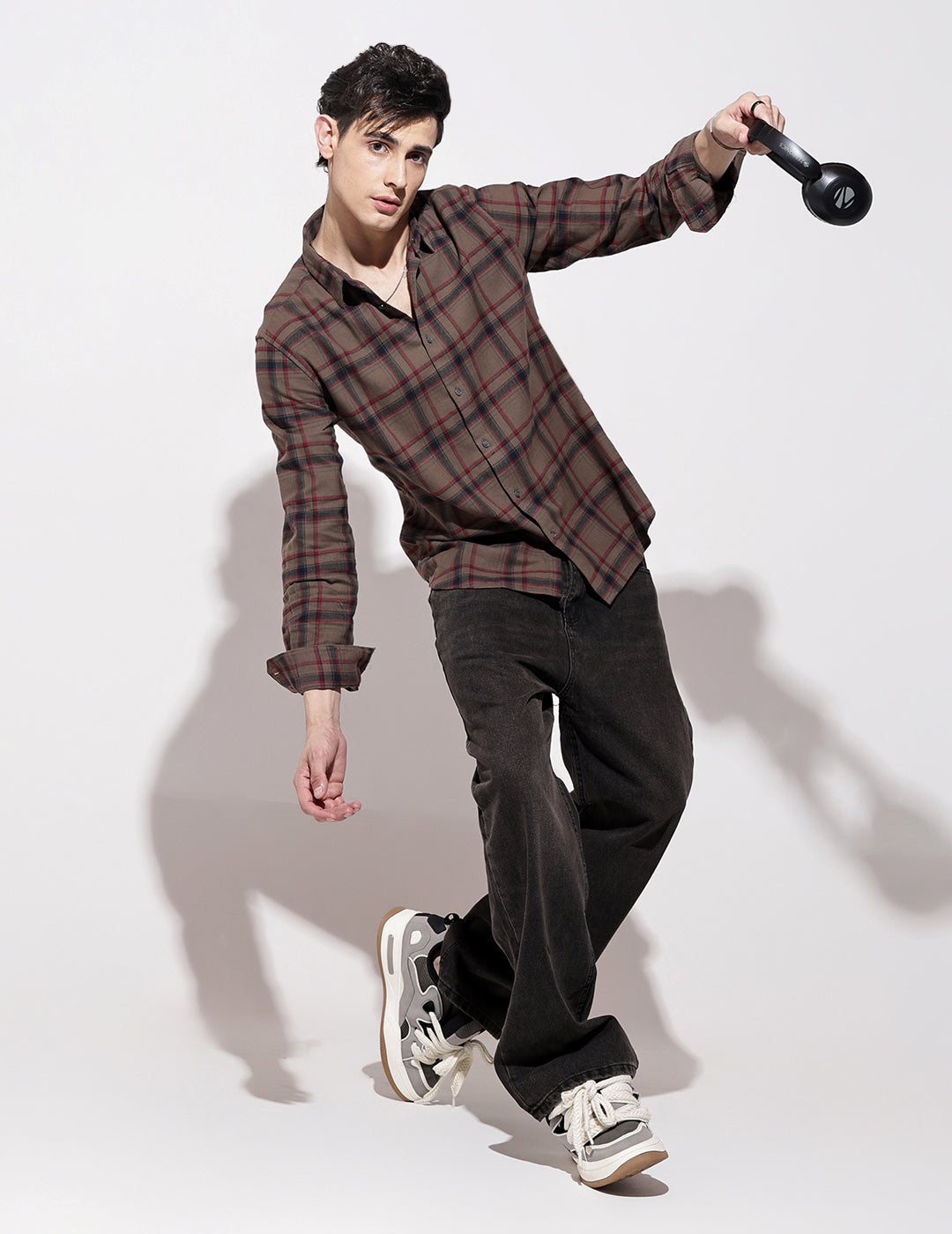 Men's Checked Brown Long Sleeve Regular Fit Shirt