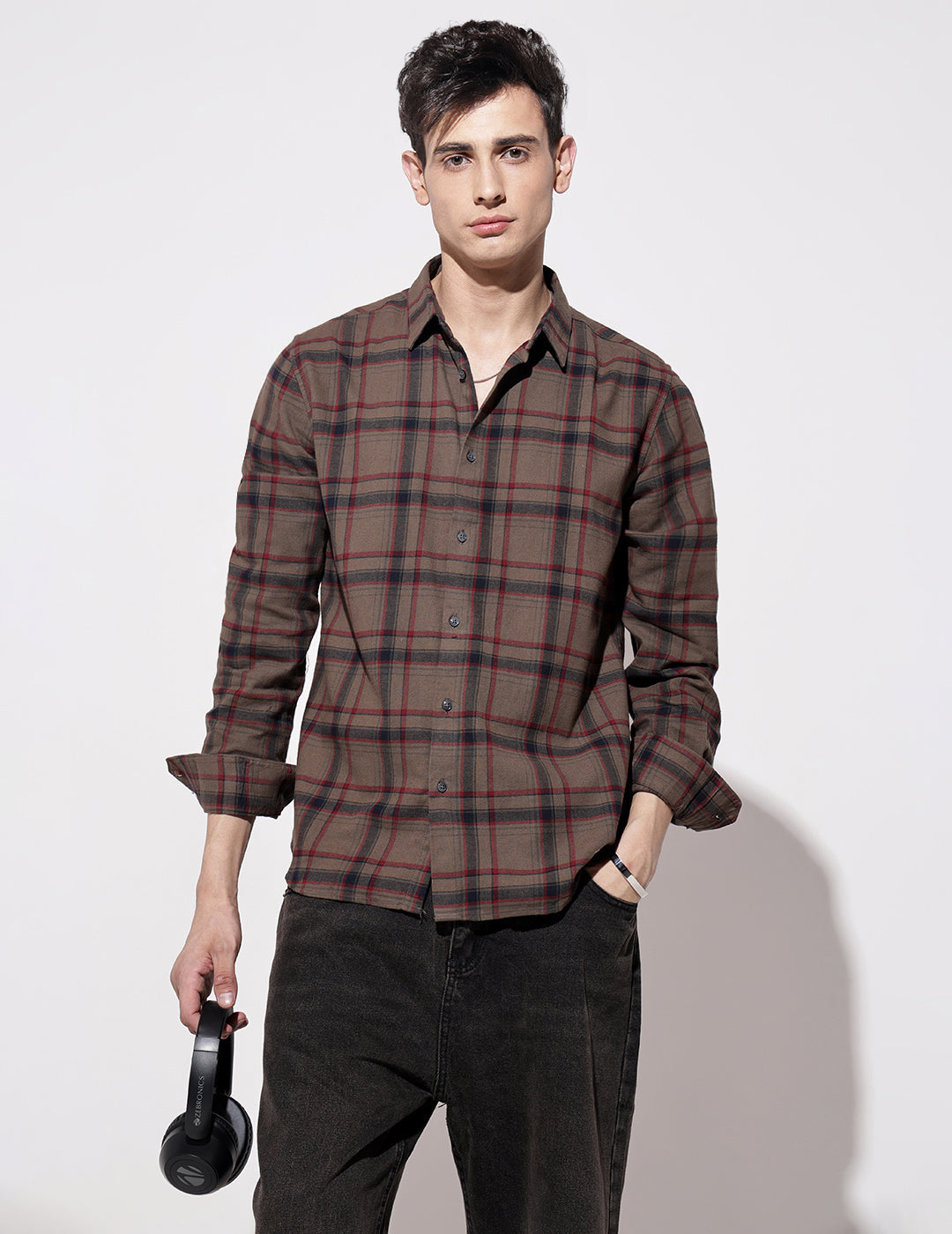 Men's Checked Brown Long Sleeve Regular Fit Shirt