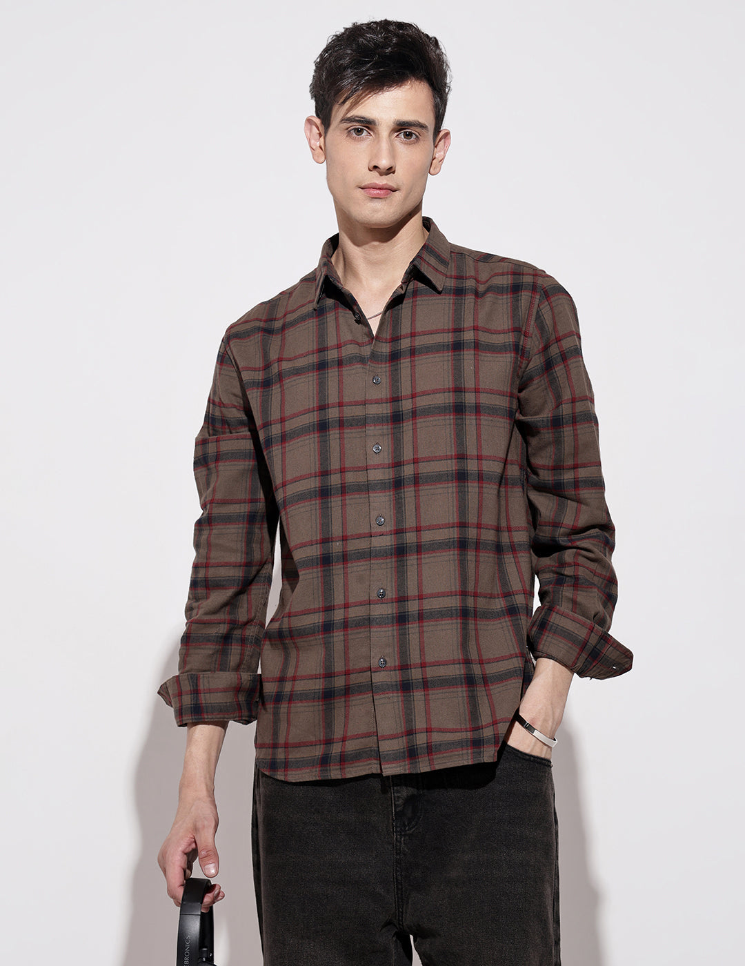 Men's Checked Brown Long Sleeve Regular Fit Shirt