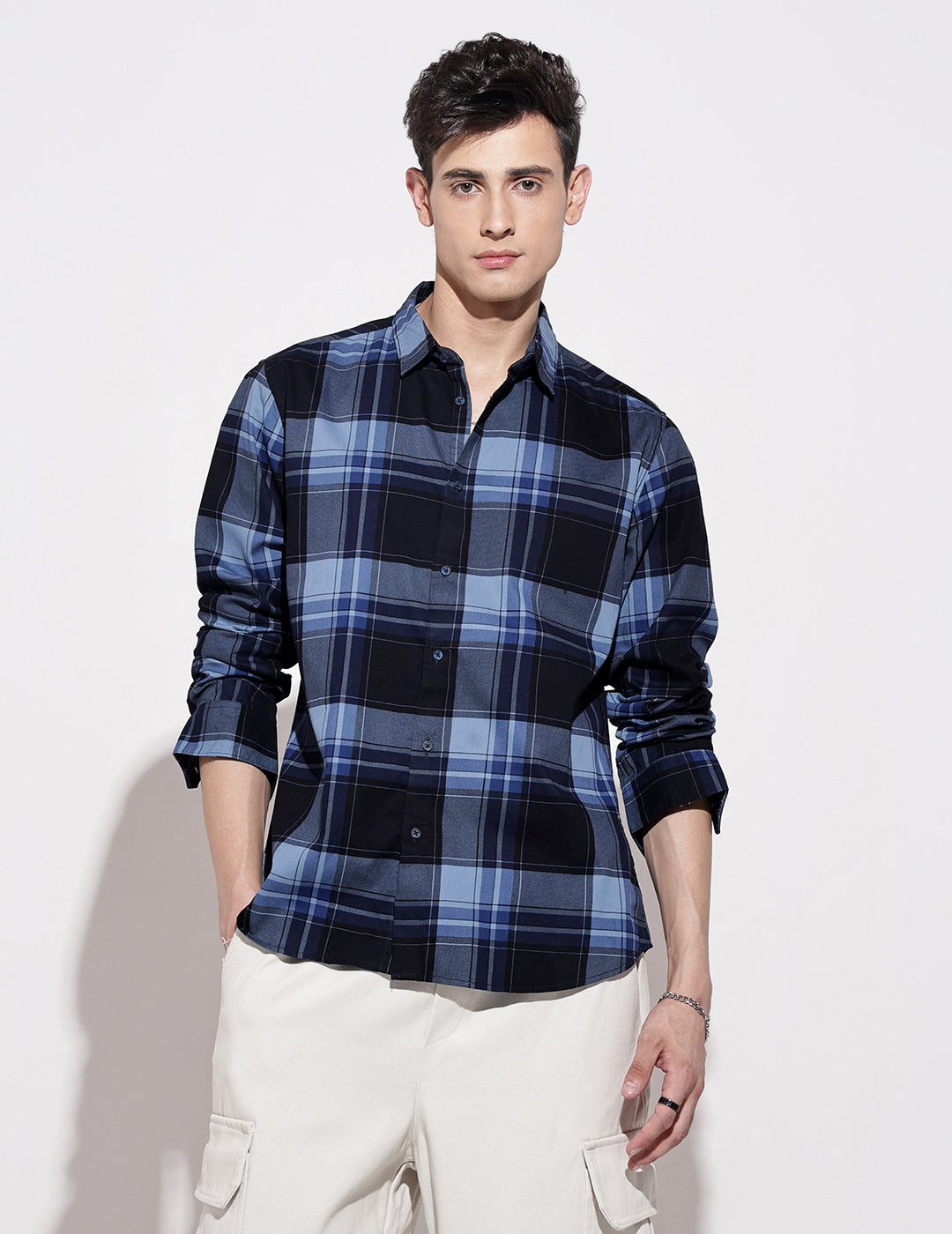 Men's Checked Navy Blue Long Sleeve Regular Fit Shirt