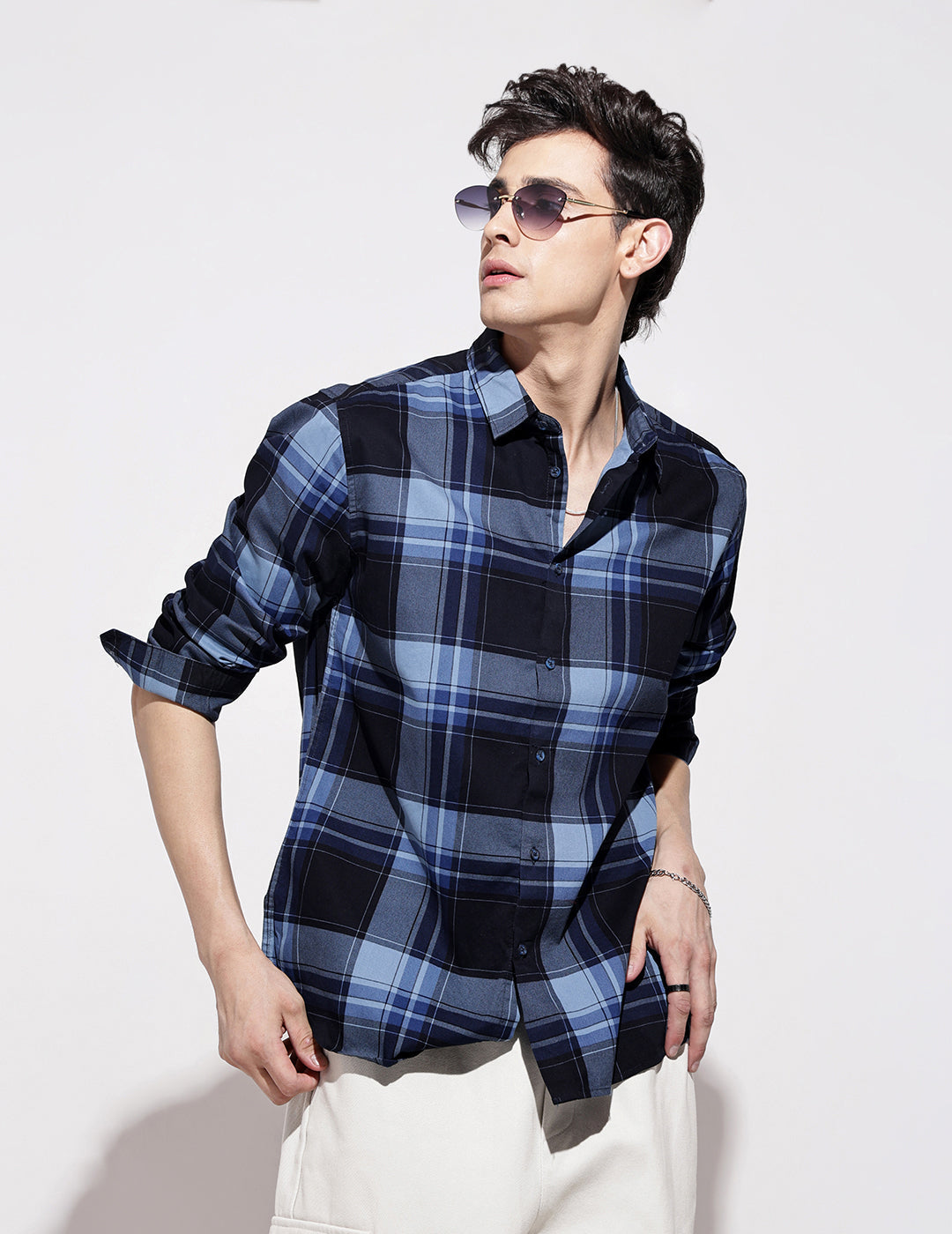 Men's Checked Navy Blue Long Sleeve Regular Fit Shirt