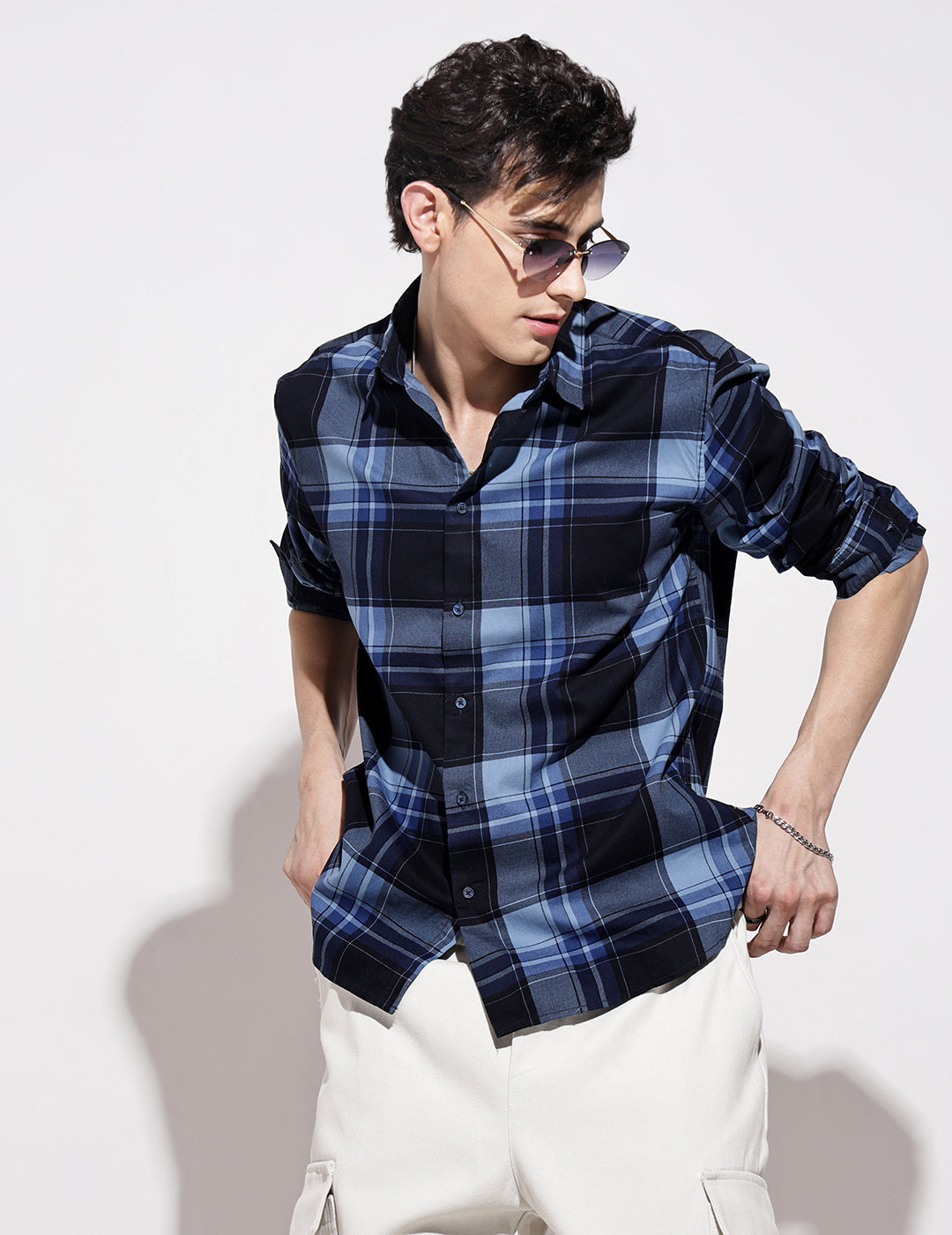 Men's Checked Navy Blue Long Sleeve Regular Fit Shirt