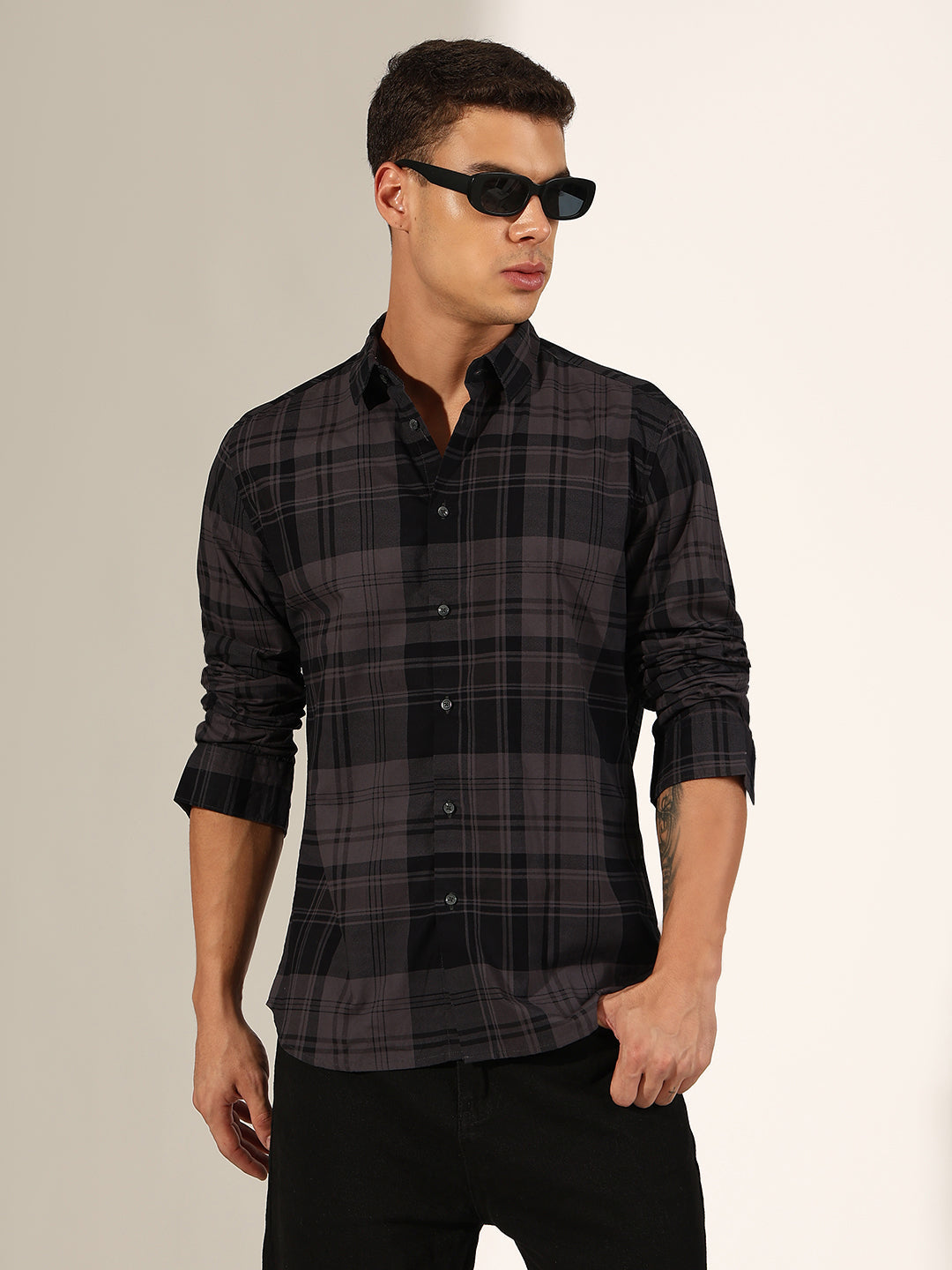Men's Checked Grey Regular Fit Casual Shirt