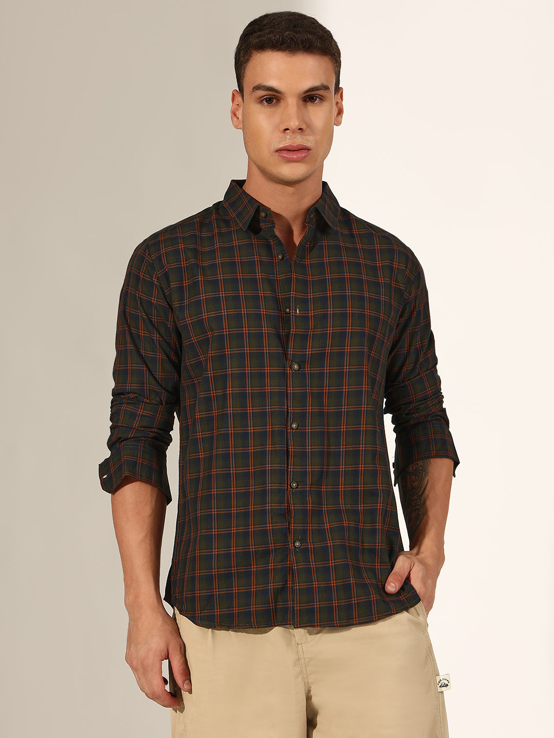 Men's Checked Olive Regular Fit Casual Shirt
