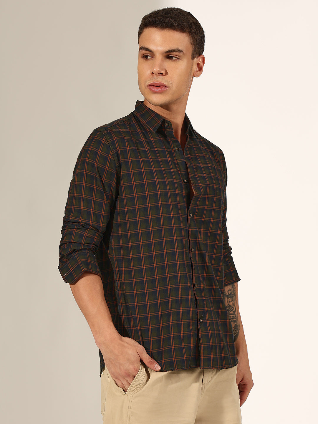 Men's Checked Olive Regular Fit Casual Shirt