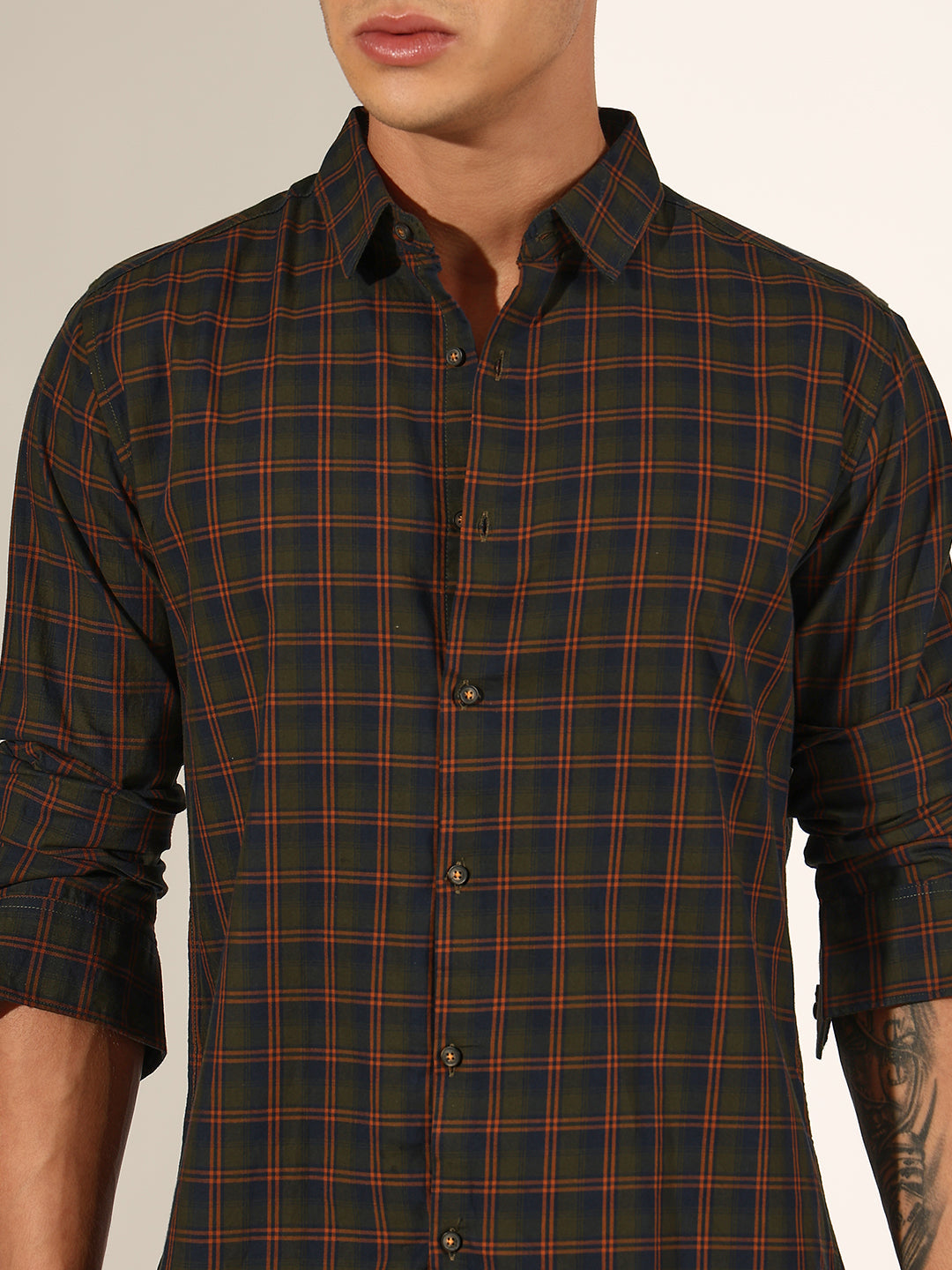 Men's Checked Olive Regular Fit Casual Shirt
