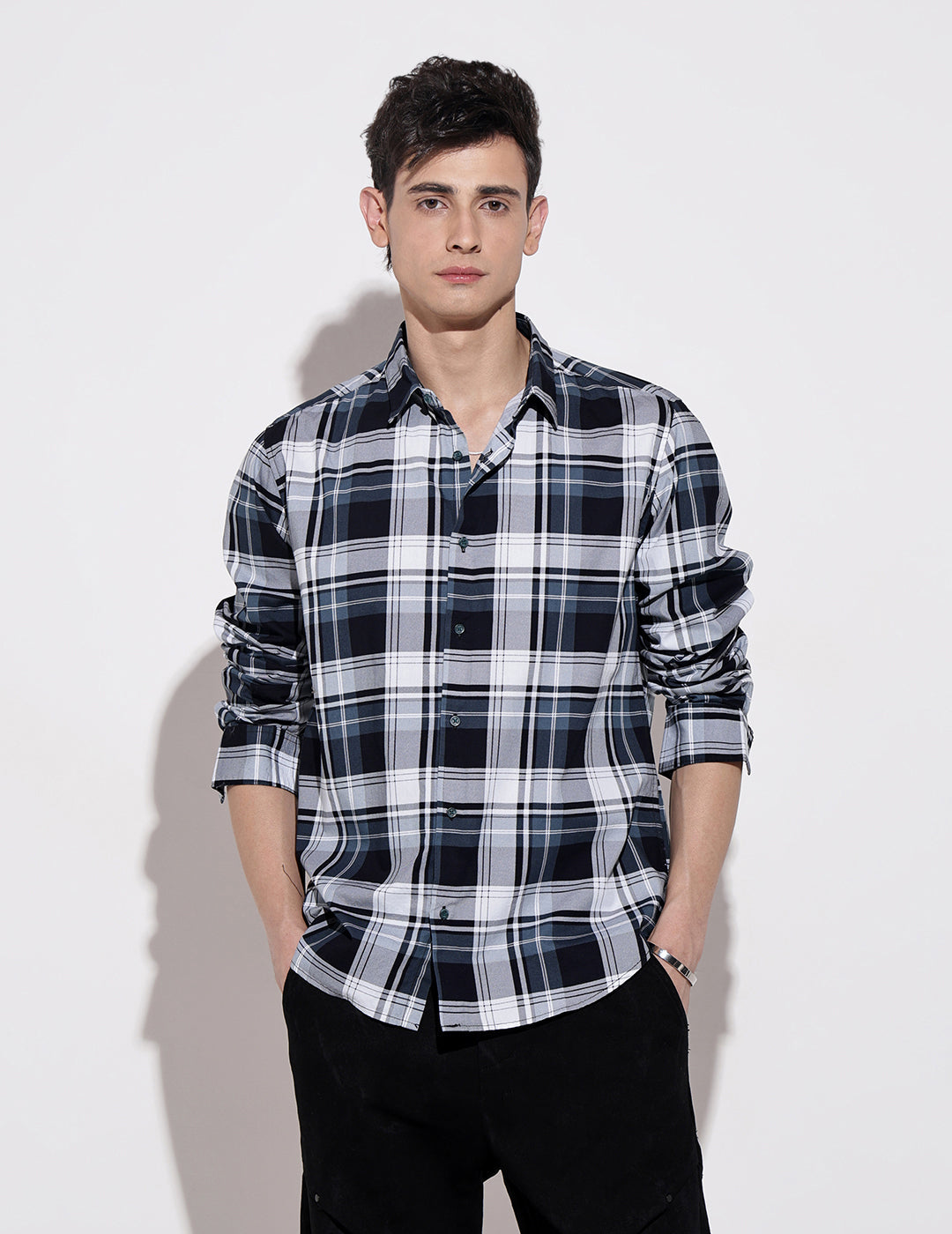 Men's Checked Navy Blue Long Sleeve Regular Fit Shirt