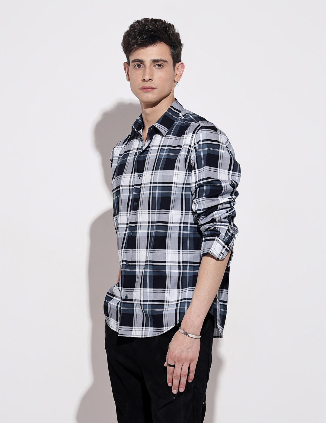 Men's Checked Navy Blue Long Sleeve Regular Fit Shirt