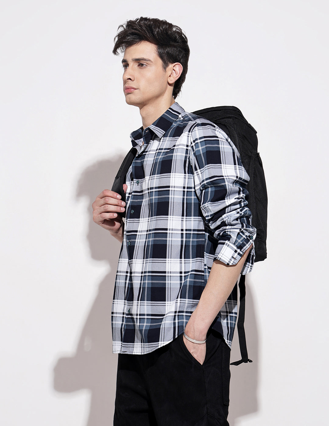 Men's Checked Navy Blue Long Sleeve Regular Fit Shirt