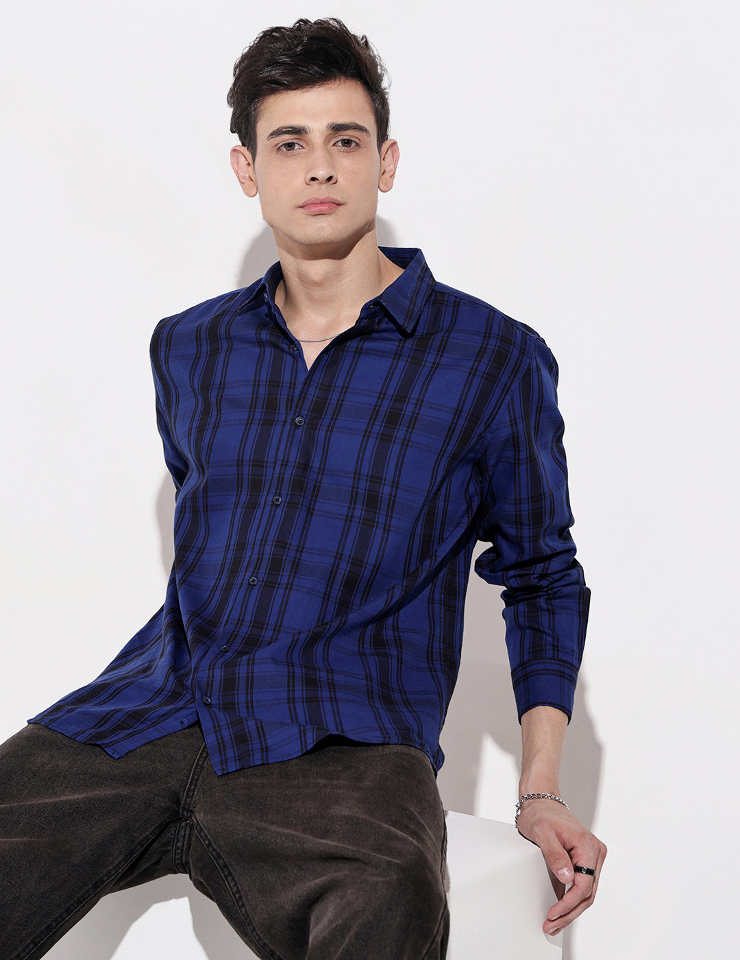 Men's Checked Blue Long Sleeve Regular Fit Shirt