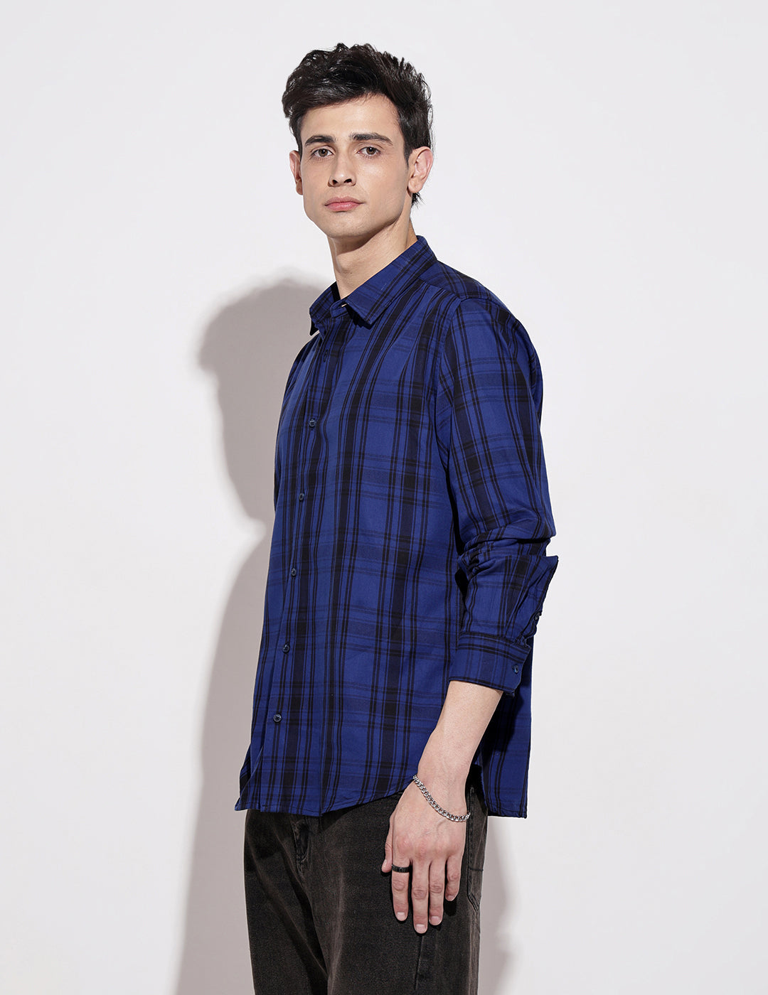 Men's Checked Blue Long Sleeve Regular Fit Shirt