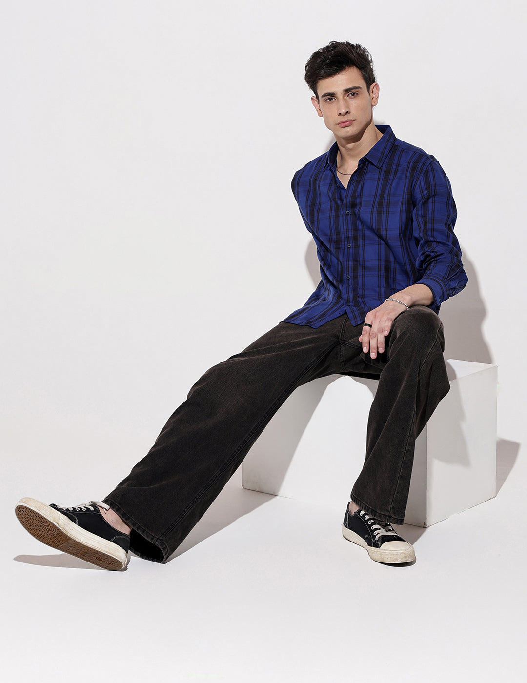 Men's Checked Blue Long Sleeve Regular Fit Shirt