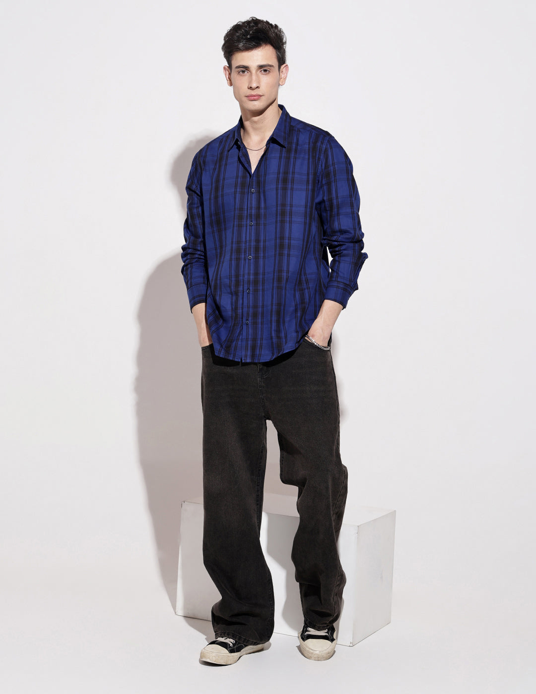 Men's Checked Blue Long Sleeve Regular Fit Shirt