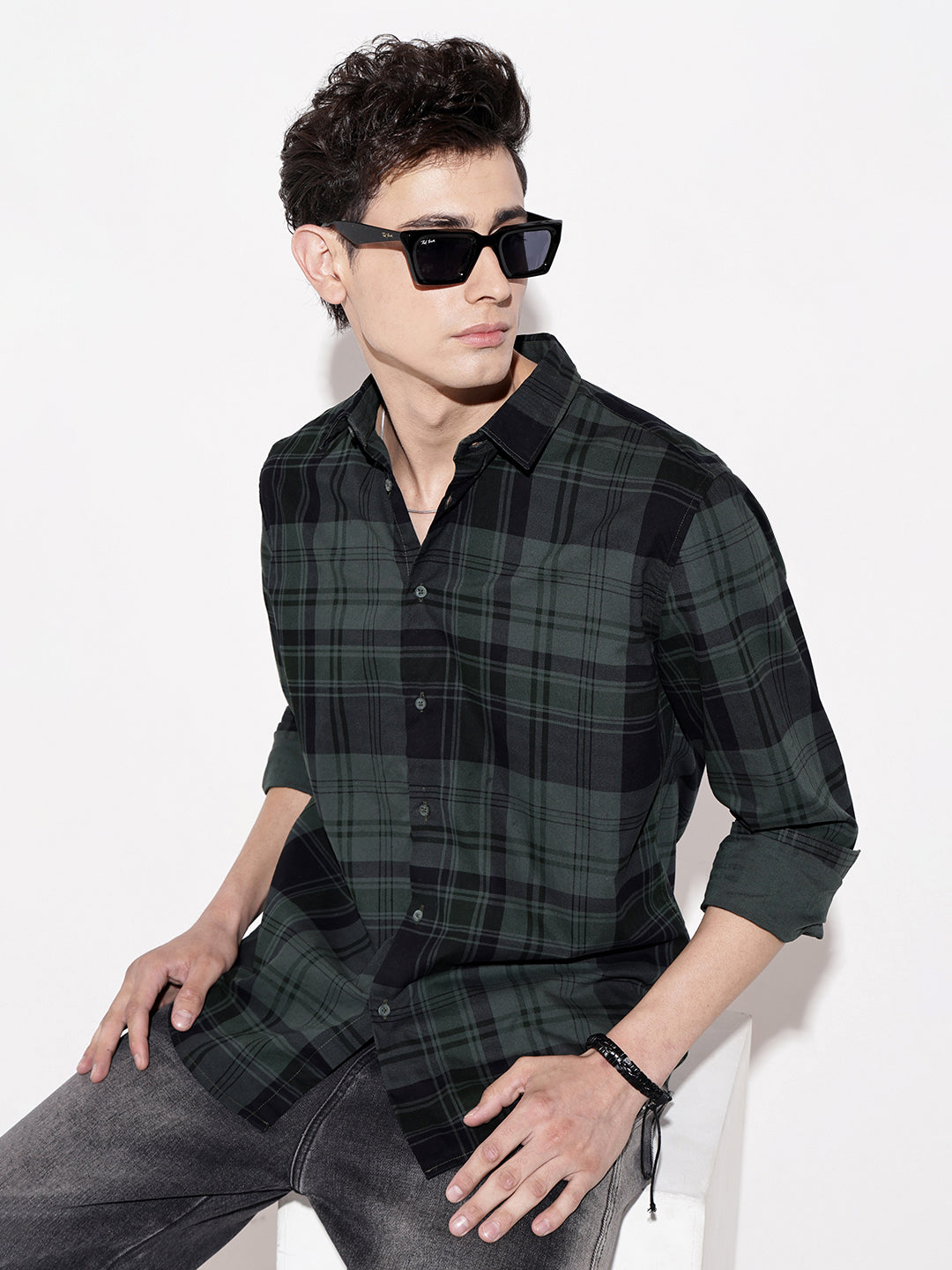 Men's Checked Green Long Sleeve Regular Fit Shirt