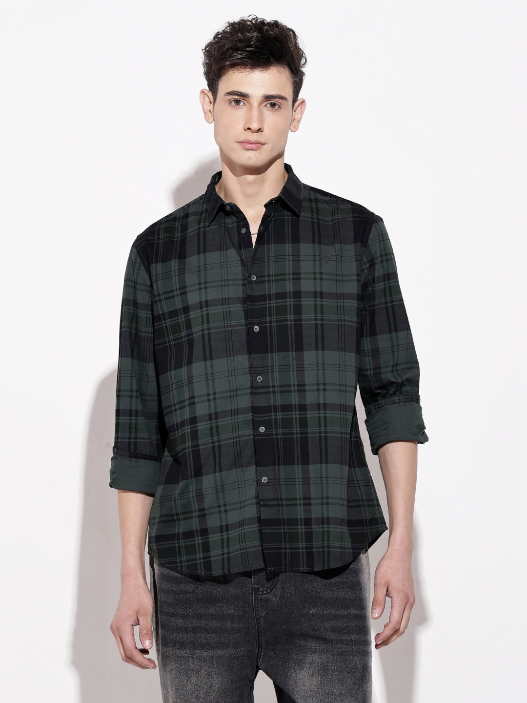Men's Checked Green Long Sleeve Regular Fit Shirt