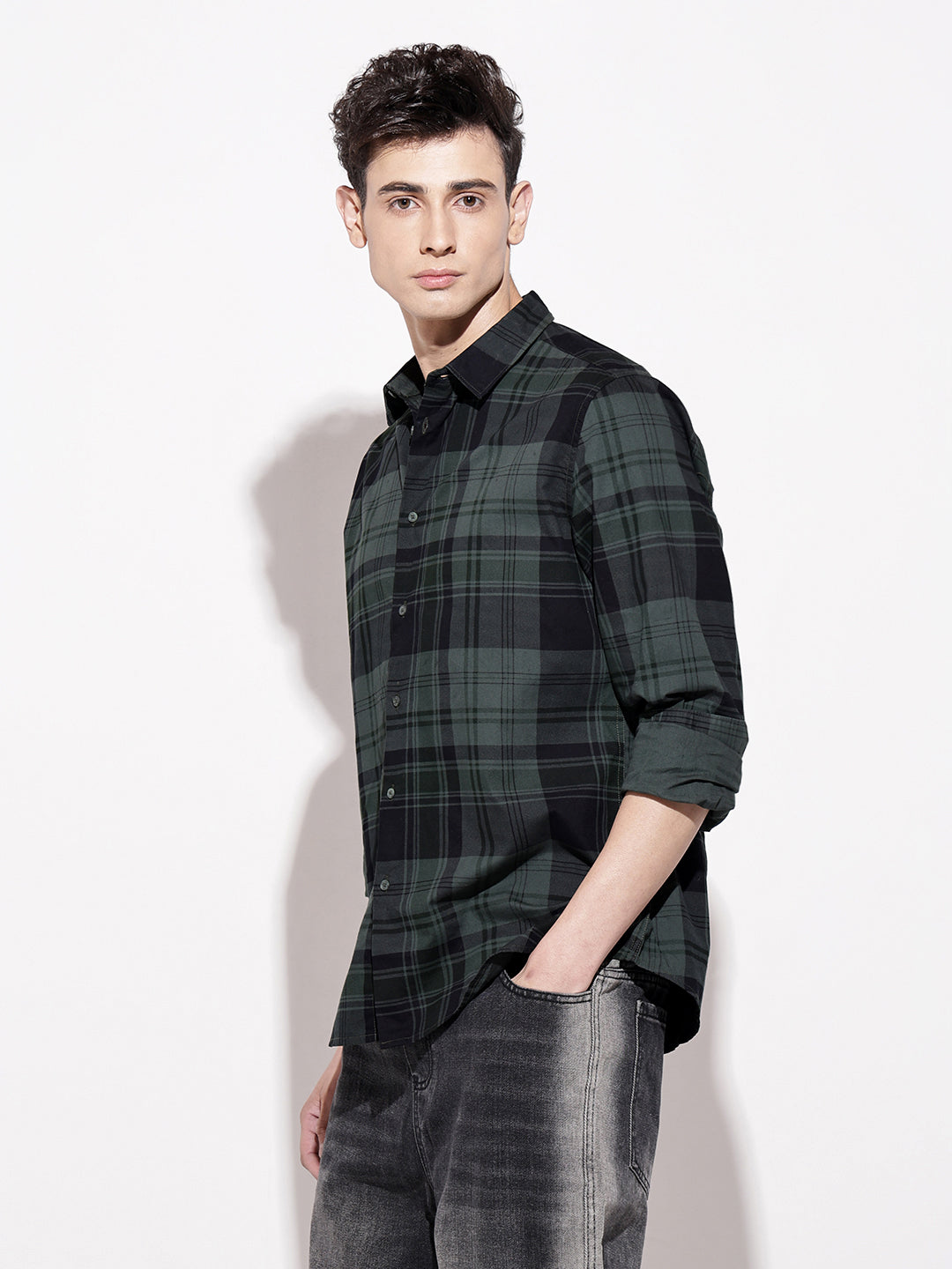Men's Checked Green Long Sleeve Regular Fit Shirt