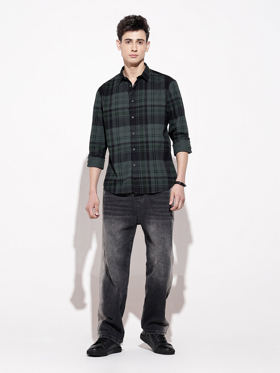 Men's Checked Green Long Sleeve Regular Fit Shirt