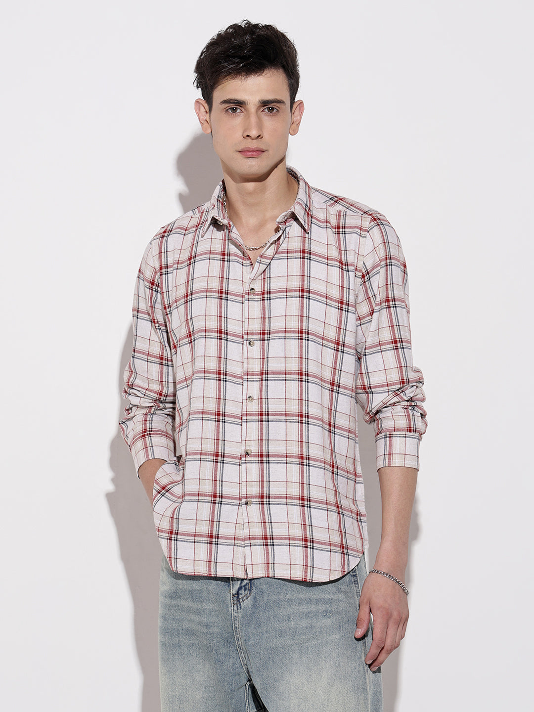 Men's Checked Beige Long Sleeve Regular Fit Shirt