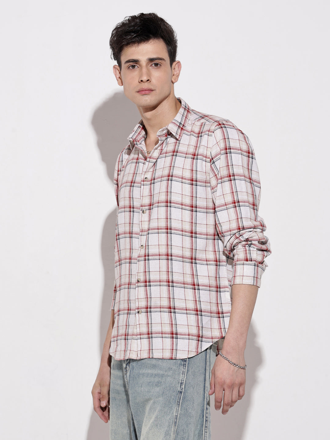 Men's Checked Beige Long Sleeve Regular Fit Shirt