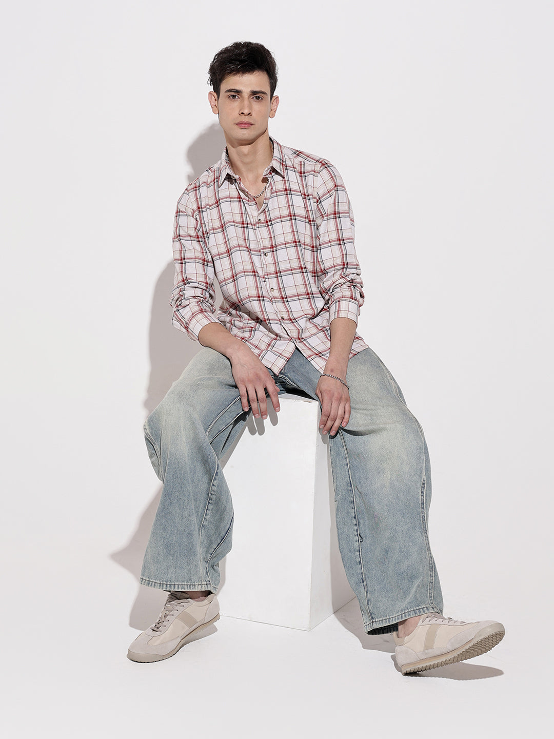 Men's Checked Beige Long Sleeve Regular Fit Shirt