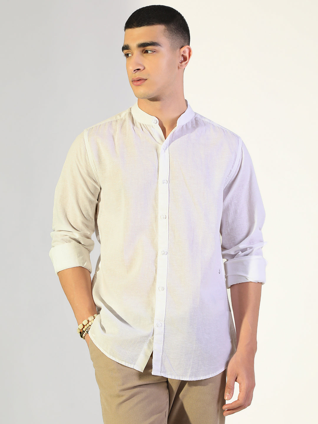 Men's White Regular Fit Mandarin Collar Shirt