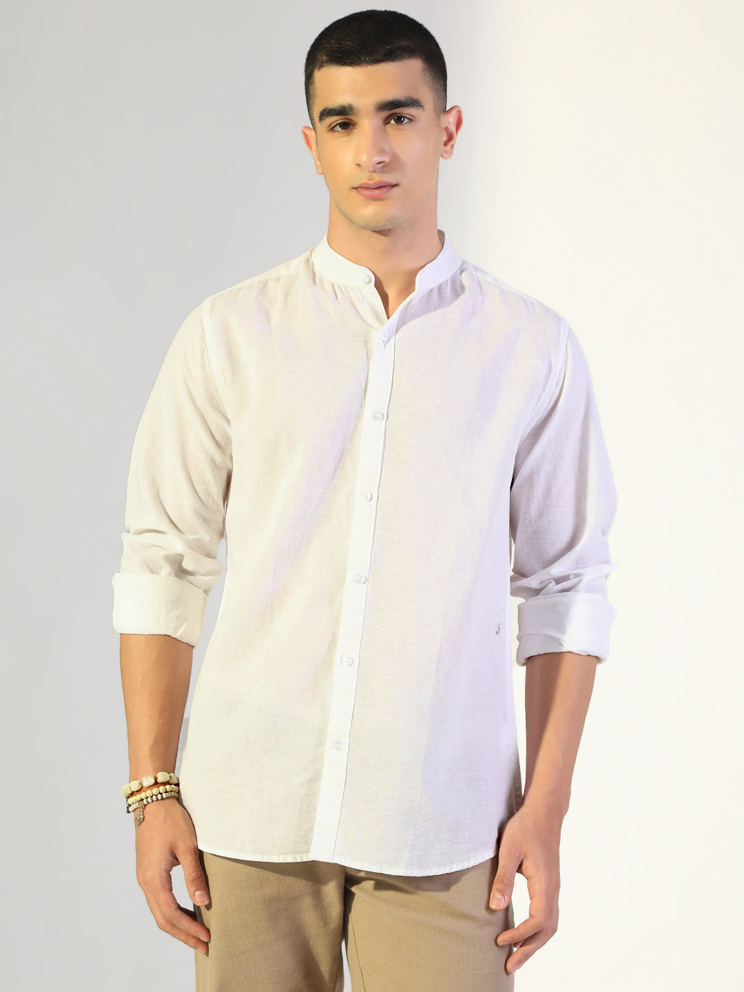 Men's White Regular Fit Mandarin Collar Shirt
