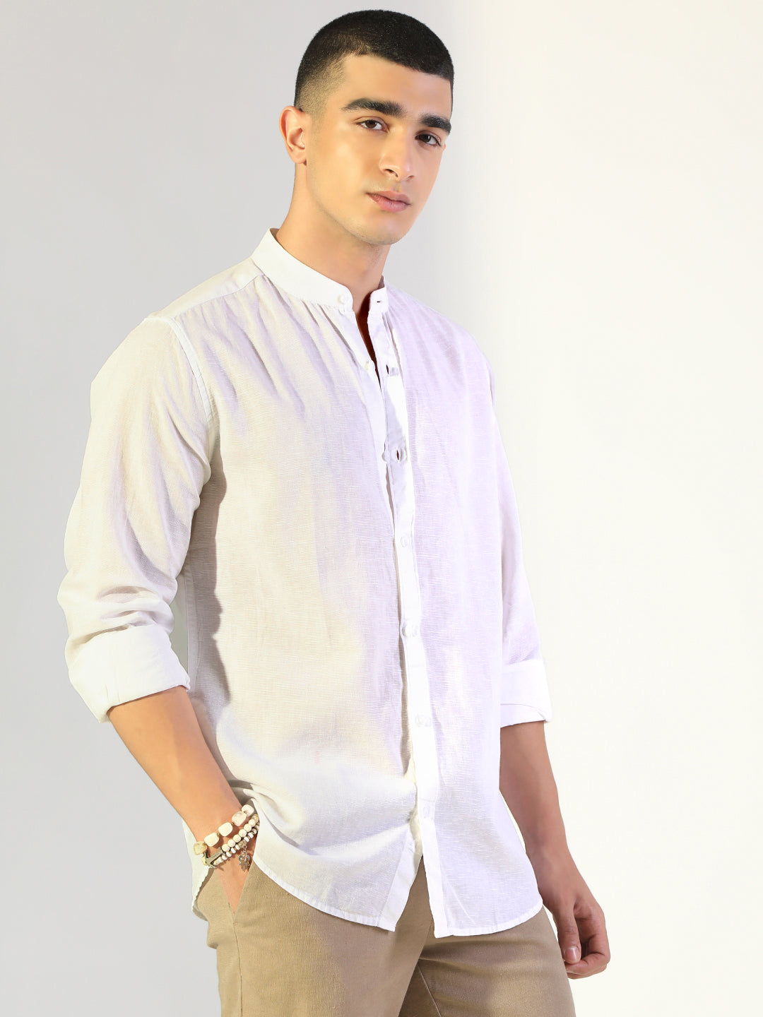 Men's White Regular Fit Mandarin Collar Shirt