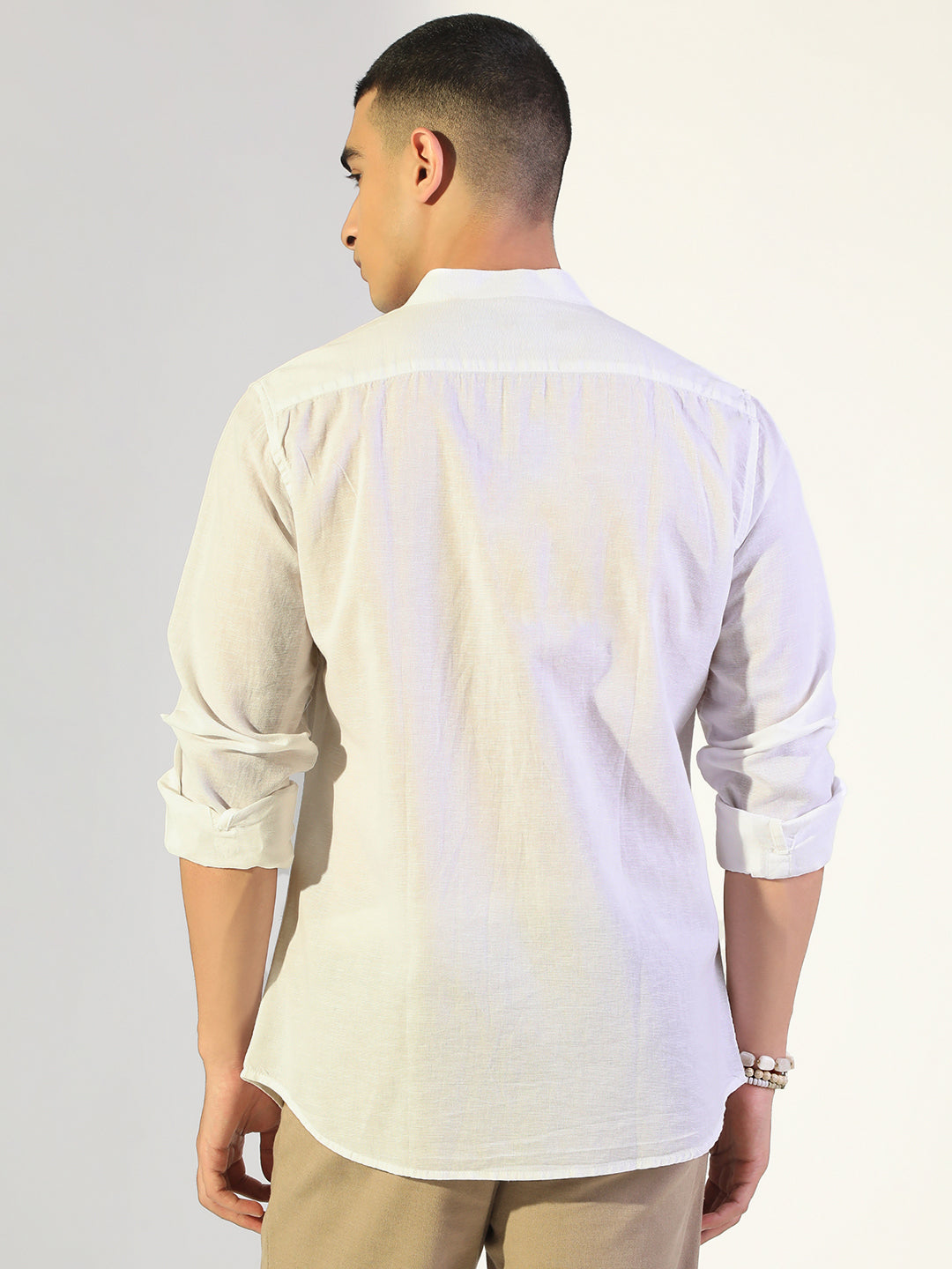 Men's White Regular Fit Mandarin Collar Shirt