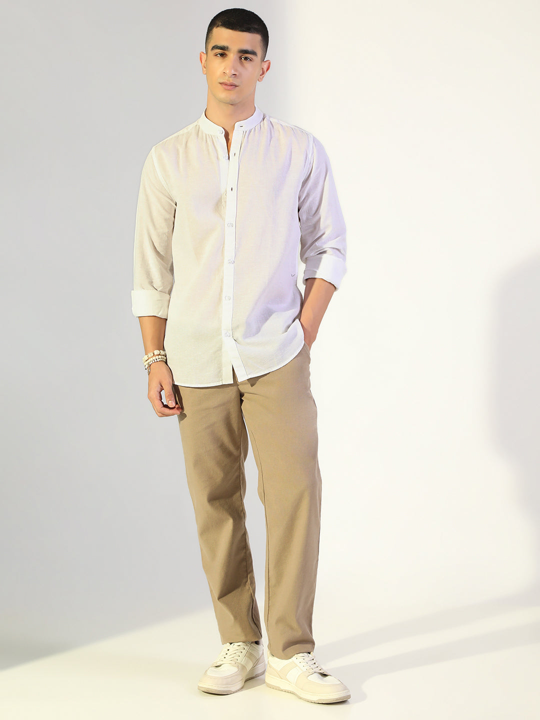 Men's White Regular Fit Mandarin Collar Shirt