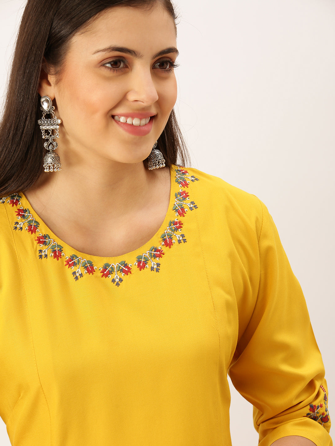 Women Embroidered Mustard Straight Kurta