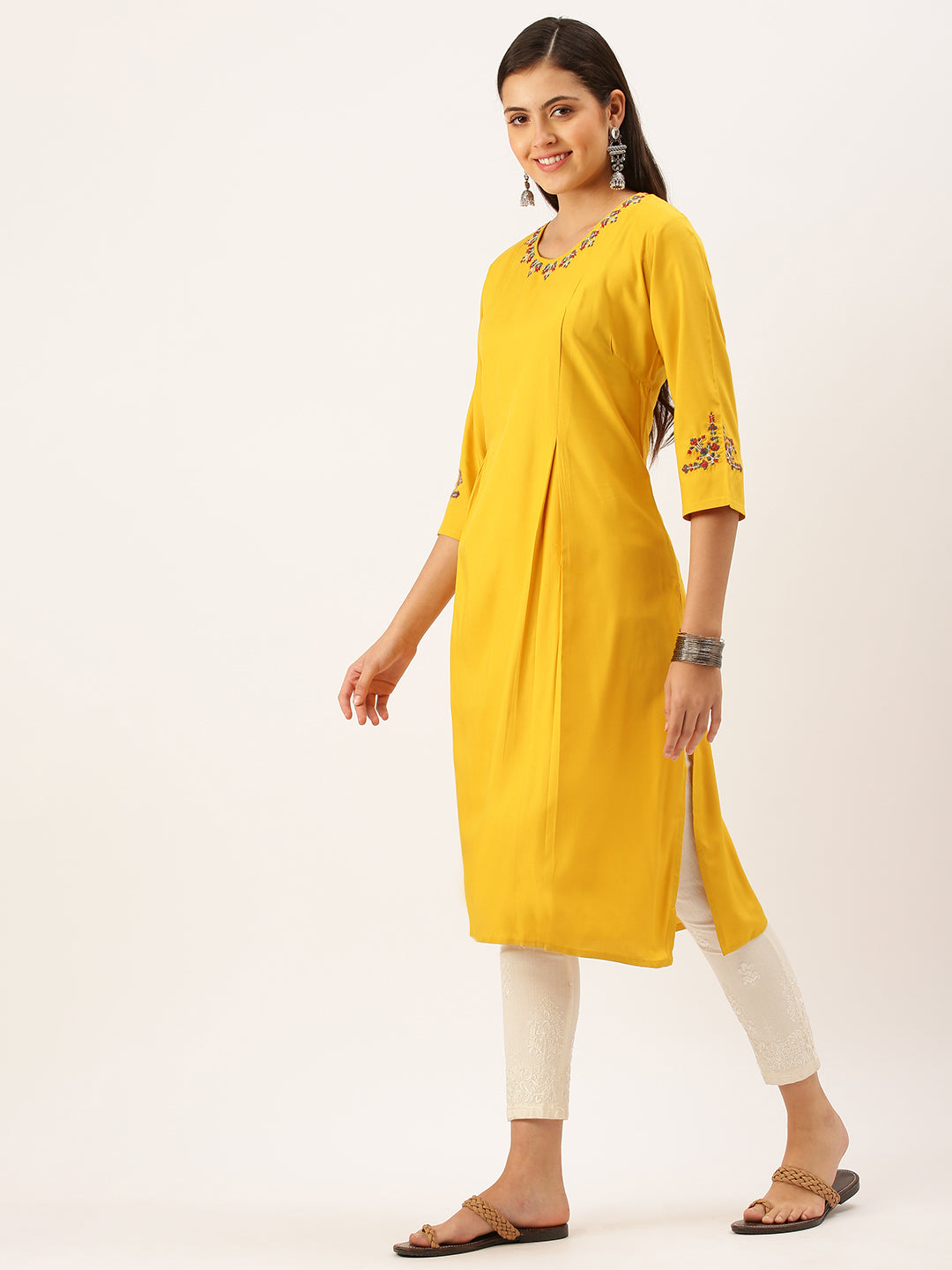 Women Embroidered Mustard Straight Kurta