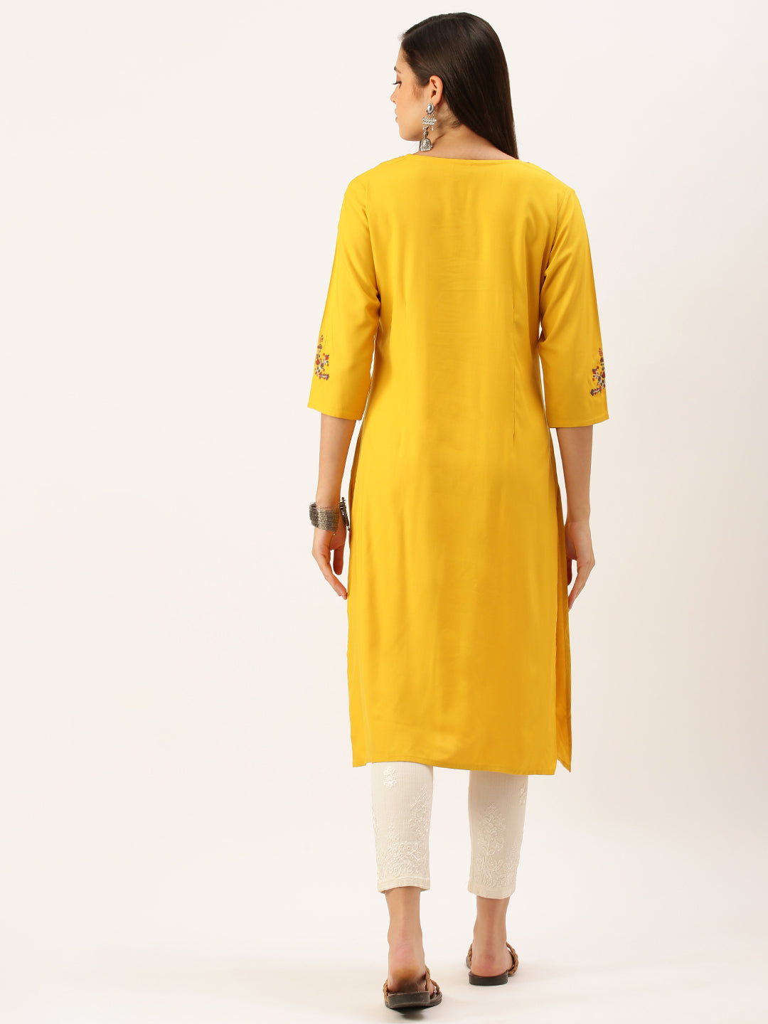 Women Embroidered Mustard Straight Kurta