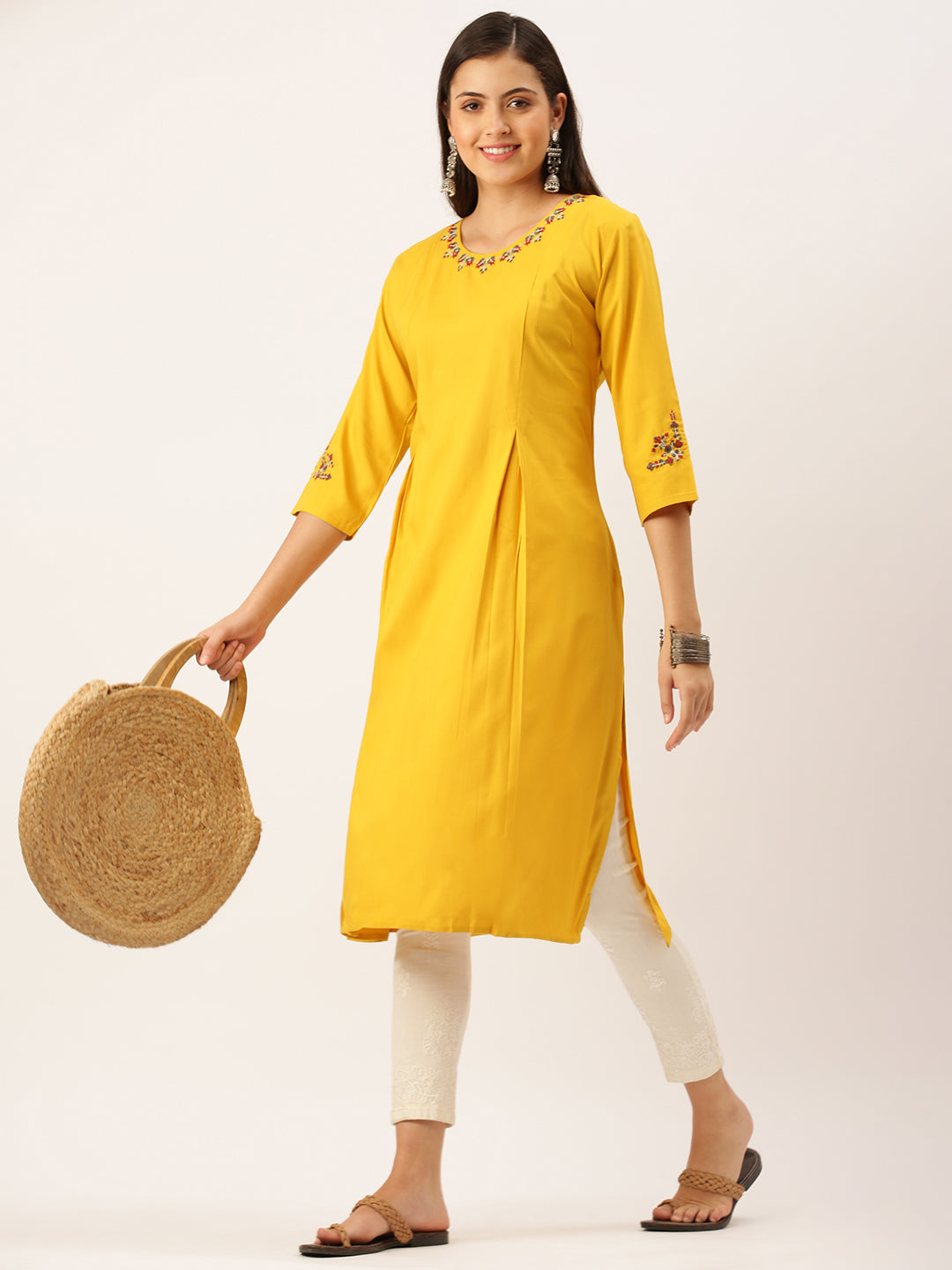 Women Embroidered Mustard Straight Kurta