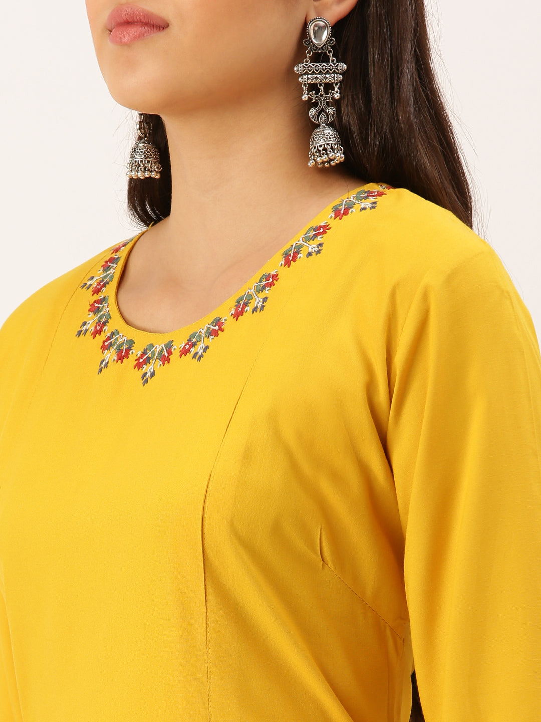 Women Embroidered Mustard Straight Kurta